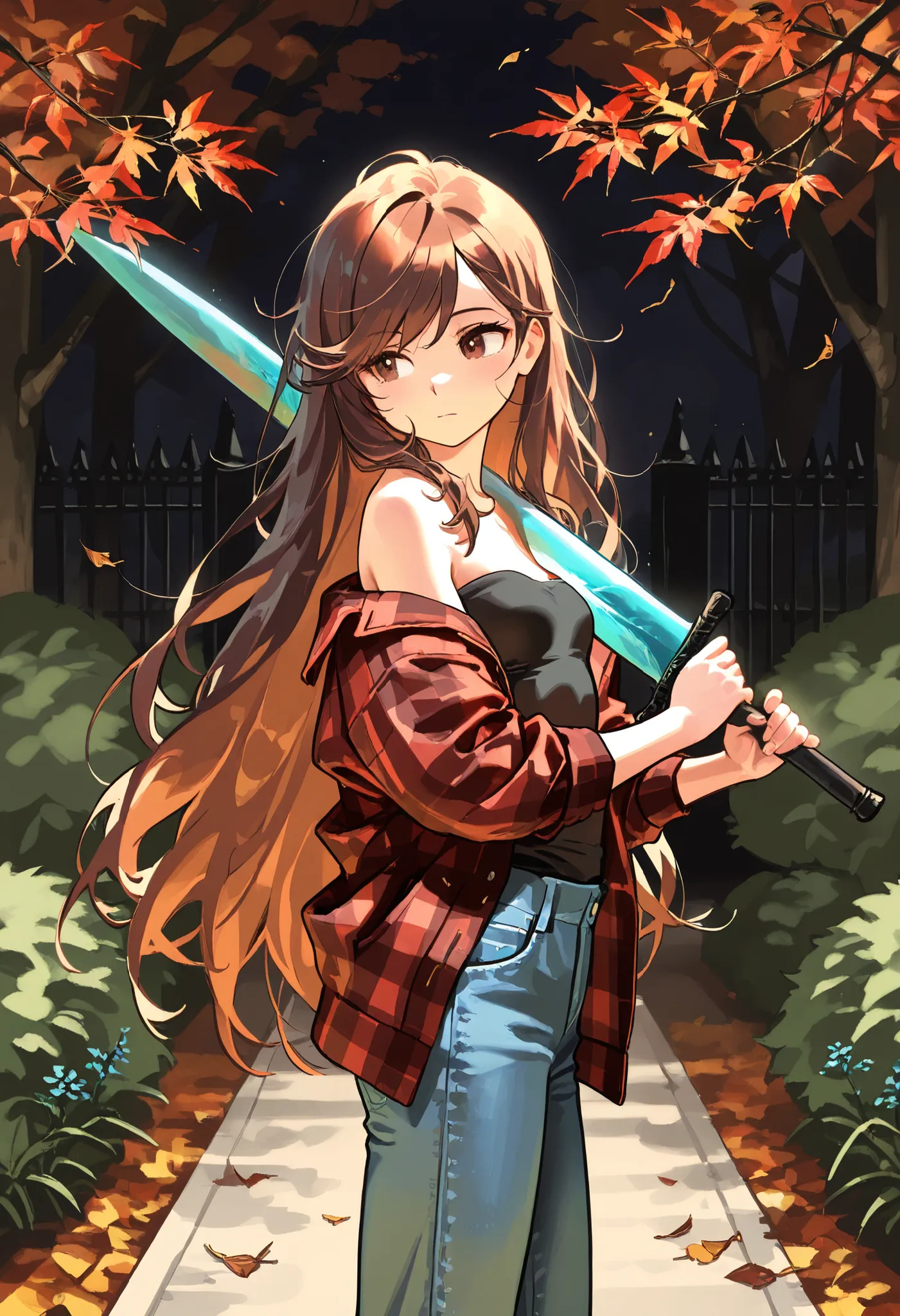 (masterpiece:1.2, Best Quality), (finely detailed beautiful eye: 1.2), (beautiful detailed face), close up, standing, head tilt,good_hands, stoic, looking to the side, moonlight sword, night, iron gate covered in ivy, battoujutsu, open flannel jacket, stra...