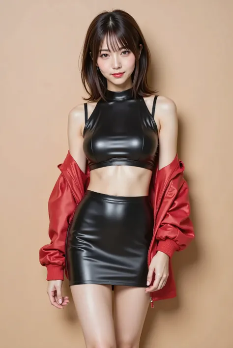 A slender woman with firm and full breasts held high and compact that emphasize a bold and daringly deep and wide cleavage, wearing a fitted black sleeveless cropped top hugging her torso and accentuating her chest with daring side cutouts and a glossy bla...