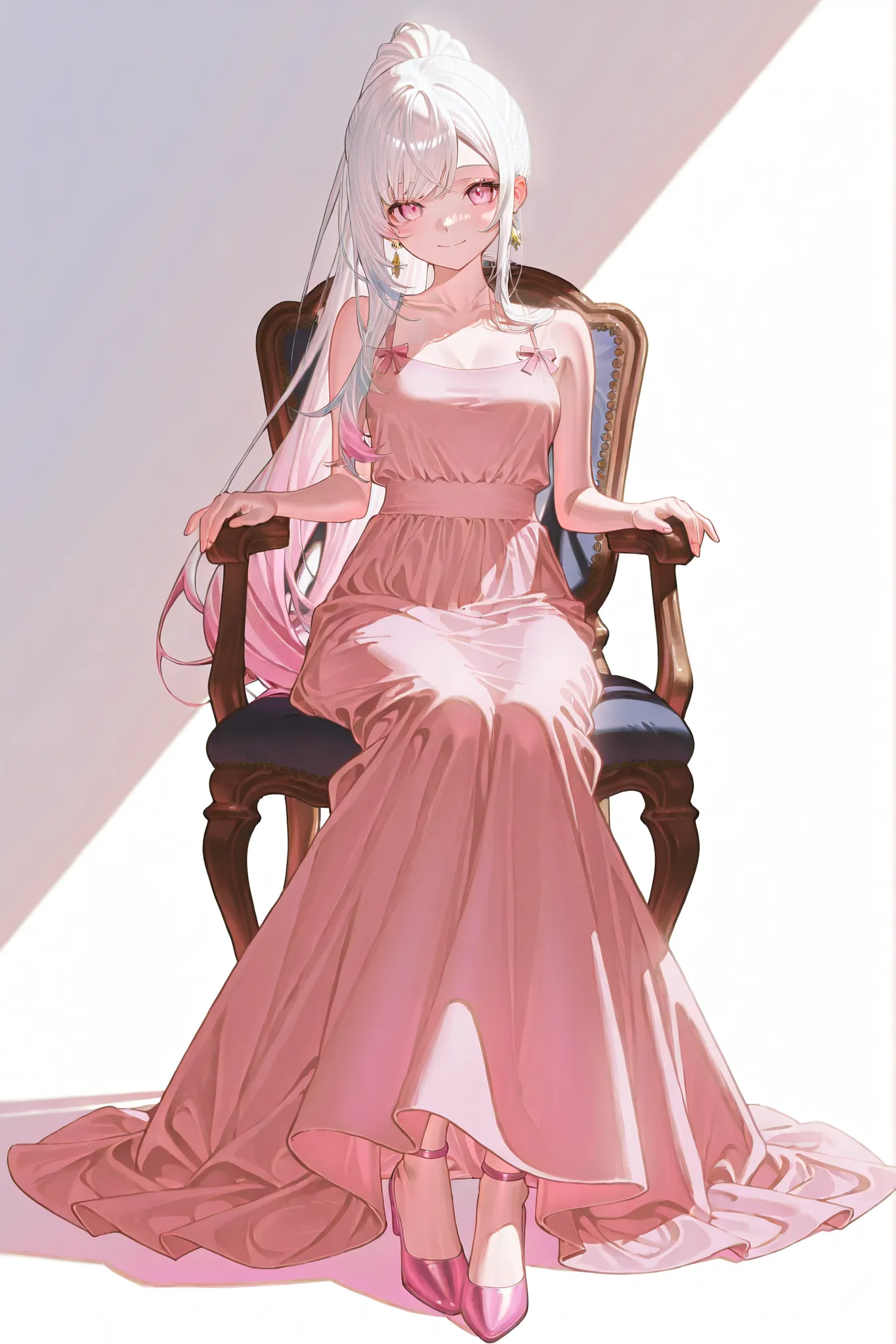 1 person、 sitting on a chair、white hair、pink inner color hair、 pink eye、 long ponytail、Swept-back bangs、pink long dress、pink stilettos、gold earrings、smile、 masterpiece、 Highest Quality、 white simple background、written depth、 natural light、 soft lighting...