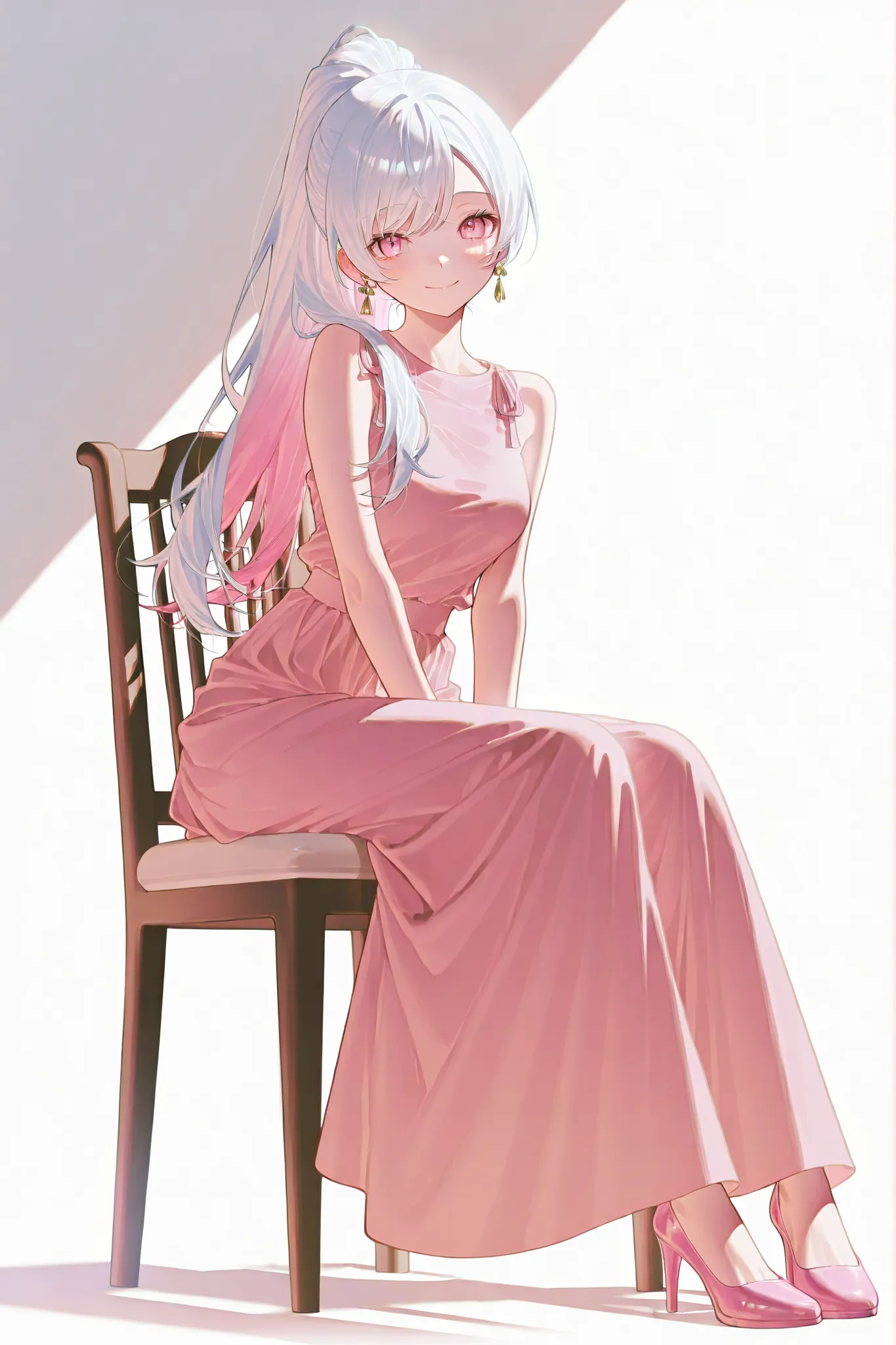 1 person、 sitting on a chair、white hair、pink inner color hair、 pink eye、 long ponytail、Swept-back bangs、pink long dress、pink stilettos、gold earrings、smile、 masterpiece、 Highest Quality、 white simple background、written depth、 natural light、 soft lighting...
