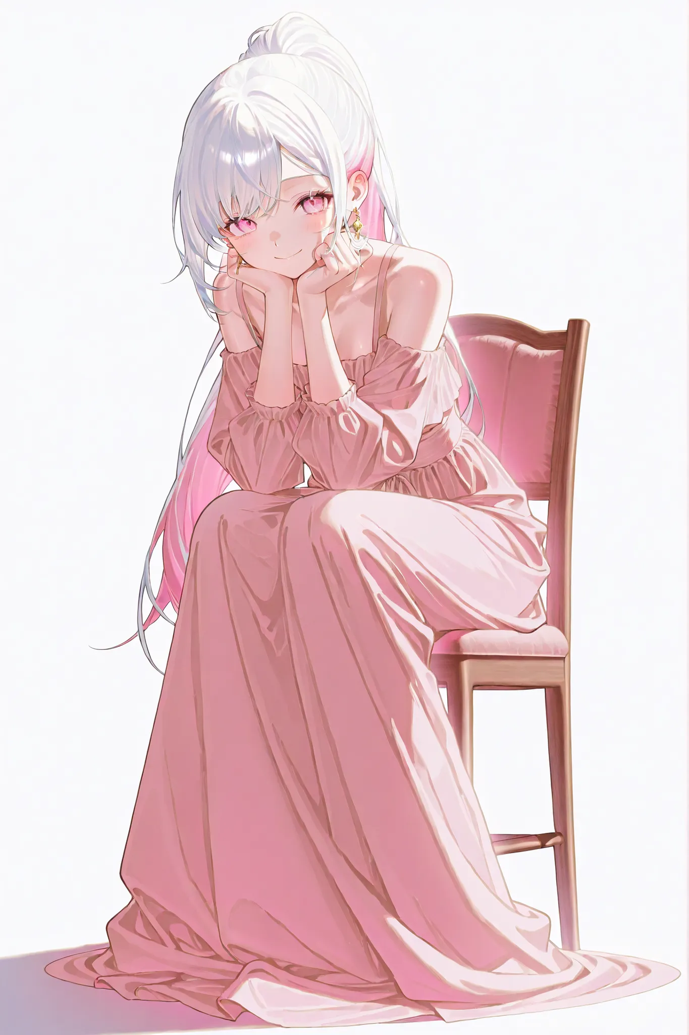 1 person、 sitting on a chair、white hair、pink inner color hair、 pink eye、 long ponytail、Swept-back bangs、pink long dress、pink stilettos、gold earrings、smile、 masterpiece、 Highest Quality、 white simple background、written depth、 natural light、 soft lighting...