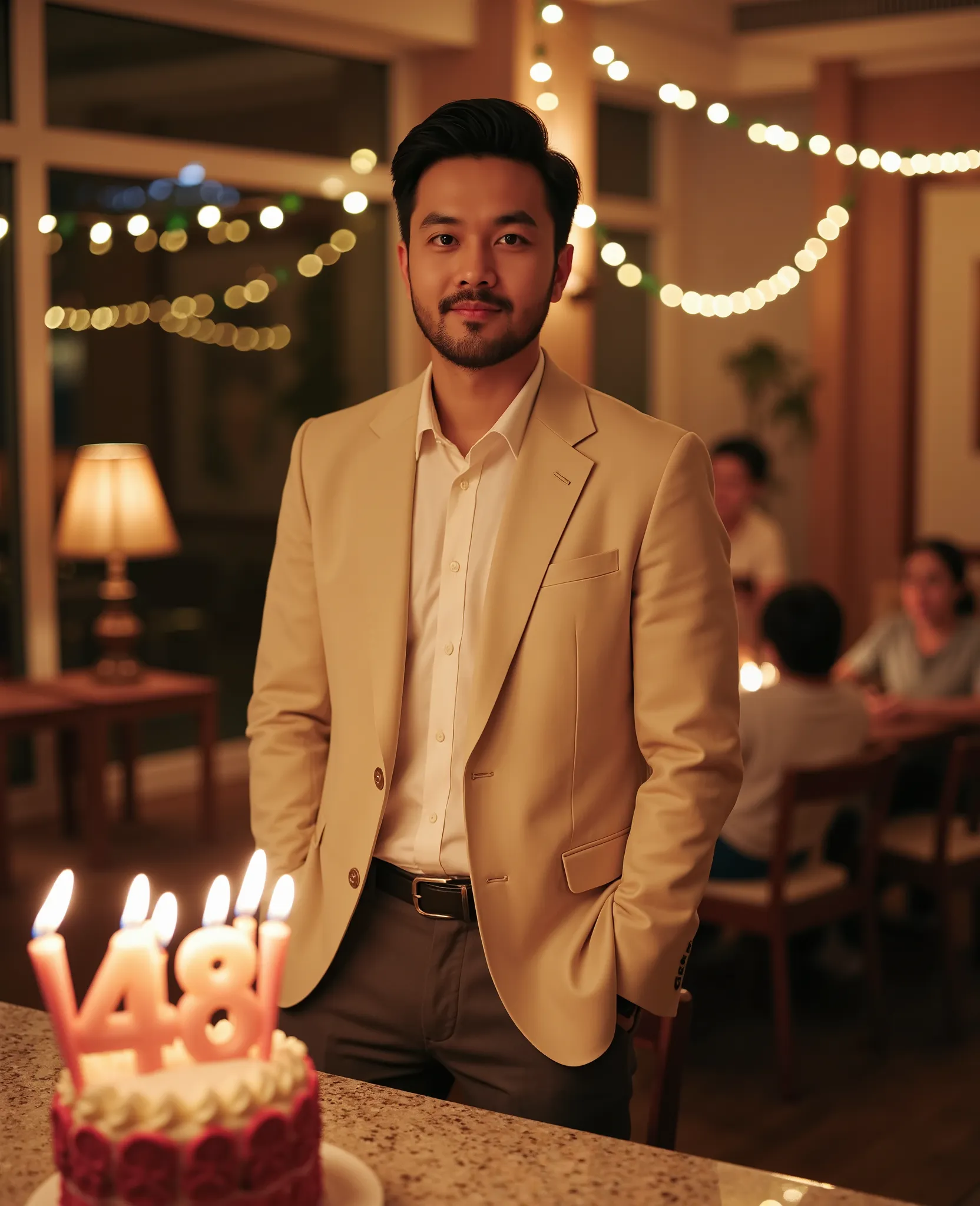 A realistic portrait of an Asian man with short neatly styled black hair, combed slightly to the right. He has a well-groomed beard and mustache. His face is oval-shaped with smooth skin and a confident, friendly expression. , standing alone at a warmly de...