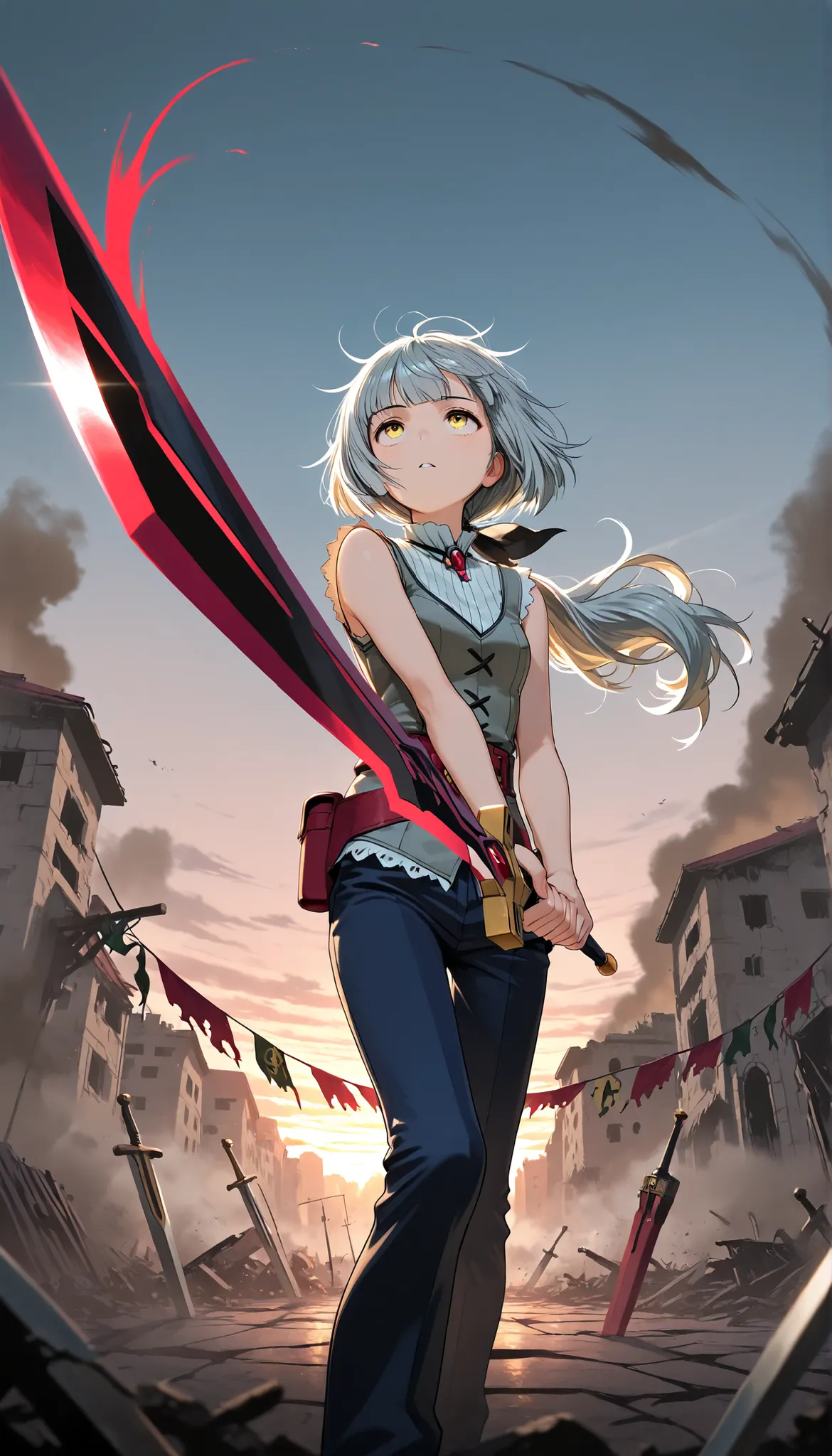 (Masterpiece, best quality), intricate details, JK, highly detailed, intricate details, close up, solo, messy hair, yellow eyes, , looking up, long hair, gray hair, low ponytail, light skin, yellow eyes, gray sleeveless vest with white frill trim,thin, l...