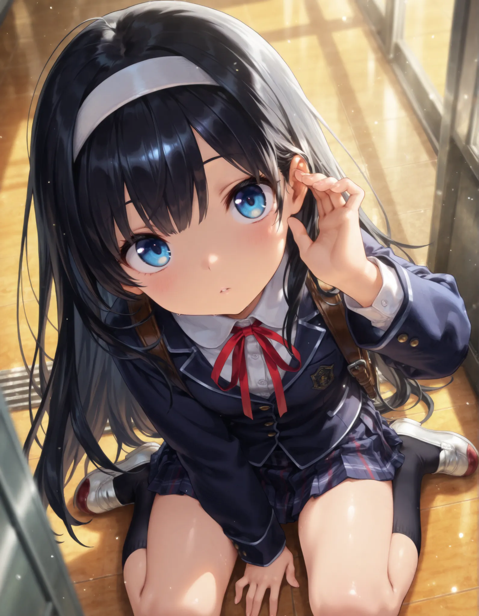 "ultra-detailed, best quality, beautiful eyes, extremely detailed, best quality, beautiful, Master piece, highres, best quality, official art, highres, masterpiece, newest",, "solo, 1girl, saeinagaki, long hair, blue eyes, school uniform, black socks, neck...