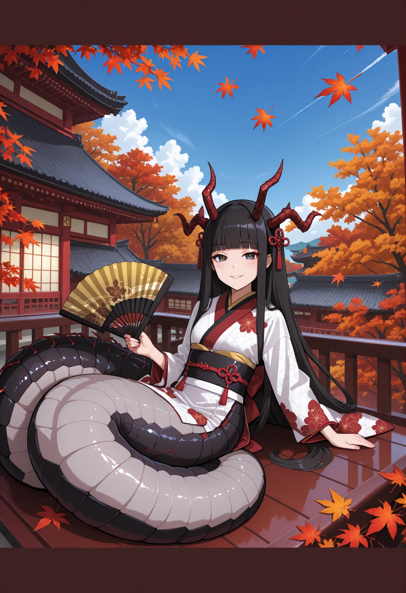 Japanese dress girl. Style similar to Lamia. Fusion with centipede. Cyber circuit pattern costume. Centipede pattern costume. Black hair. Long hair. Straight bangs. Horns. Ironic smile. Folding fan. Insect legs. Centipede legs. Japanese architecture. Bal...