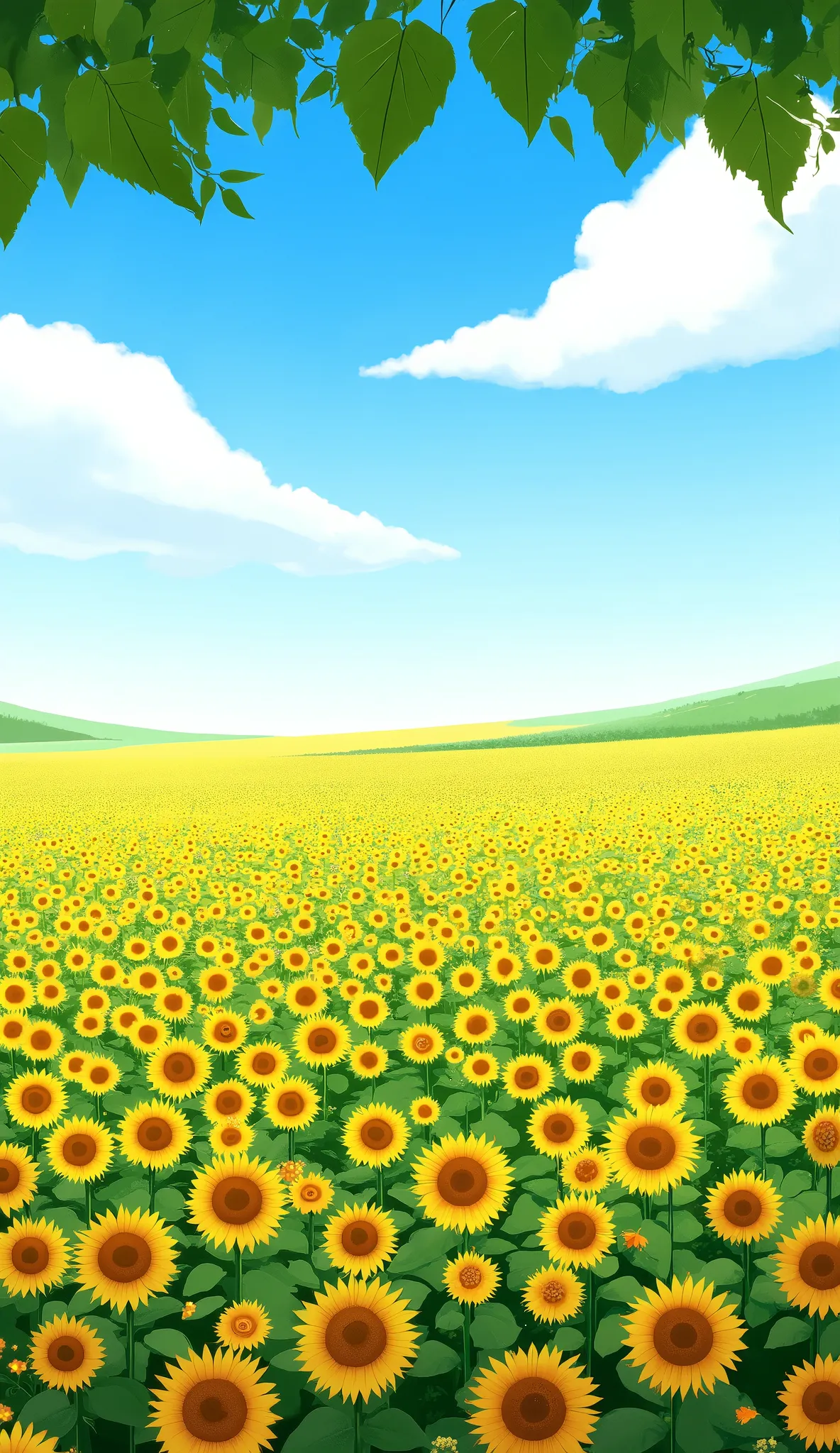 A sunflower field under a bright and clear summer sky. The upper left corner is naturally shaped like a heart It floats and {x} thousands of yellow sunflowers are blooming in full bloom in the sunlight among the green leaves. The field stretches endlessly ...
