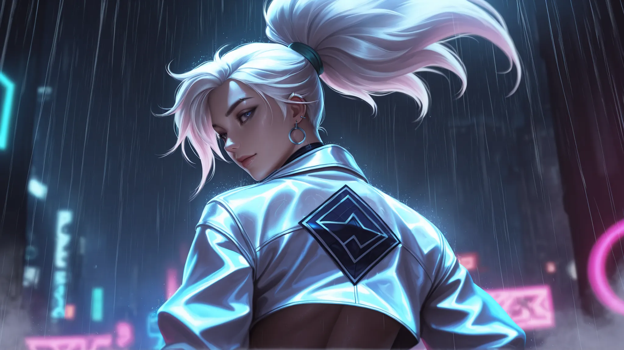 Akali from League of Legends, white hair, white jacket, (K-Pop idol stylish clothes), highly detailed, 8K, photo-realistic, sharp focus, studio lighting, professional, vivid colors, moody atmosphere, dynamic pose, piercing gaze, confident expression, dark ...