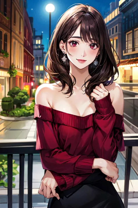 (masterpiece:1.3, Highest quality, Ultra-high resolution, Super detailed), (Realistic, photoRealistic:1.4), Beautiful illustrations, Perfect lighting, colorful, Depth of written boundary, Beautiful detailed hair, Beautifully detailed face, Beautiful fine details, Beautiful clavicle, Beautiful body, 美しいLarge Breasts, Beautiful thighs, Beautiful feet, Beautiful fingers, View Viewer、Front view:0.6, alone,1girl, Japanese, Beauty、30 years old, Perfect Face, (Perfect Anatomy, Anatomically correct), Cute and symmetrical face, , Shiny skin, ((burgundy offshoulder sweater:1.5)), ((Long skirt 1.5)) (dark brown Hair, Short Hair:1.1), Dark brown eyes, (Large Breasts), Slim body, (Small earrings:1.3), (Beautiful views), (night), (city, cityscape in the distance), Standing with good posture, A soft smile、(Smile, Lips parted),Put hands behind body,