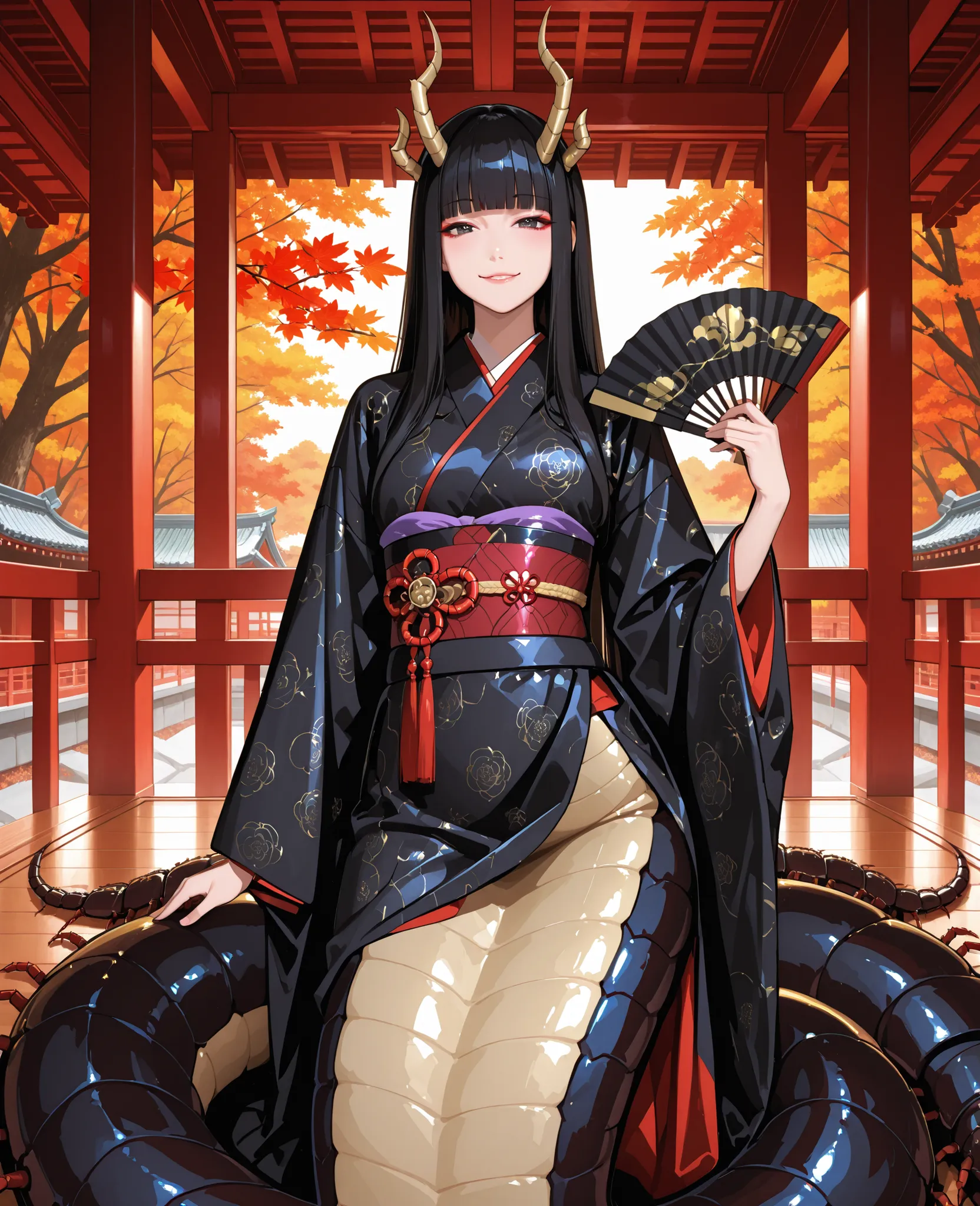 Japanese dress girl. Style similar to Lamia. Fusion with centipede. Cyber circuit pattern costume. Centipede pattern costume. Black hair. Long hair. Straight bangs. Horns. Ironic smile. Folding fan. Insect legs. Centipede legs. Japanese architecture. Bal...