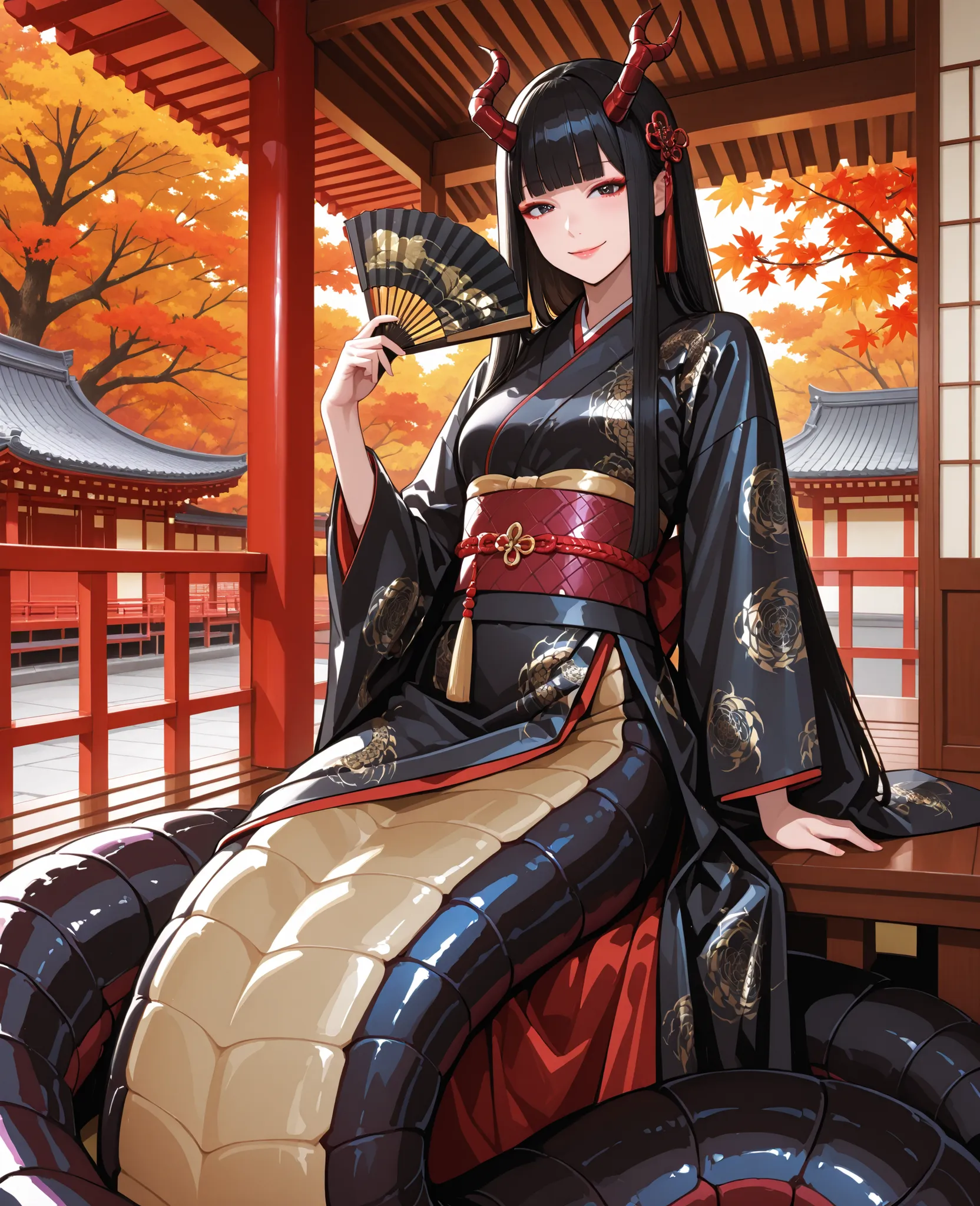 Japanese dress girl. Style similar to Lamia. Fusion with centipede. Cyber circuit pattern costume. Centipede pattern costume. Black hair. Long hair. Straight bangs. Horns. Ironic smile. Folding fan. Insect legs. Centipede legs. Japanese architecture. Bal...