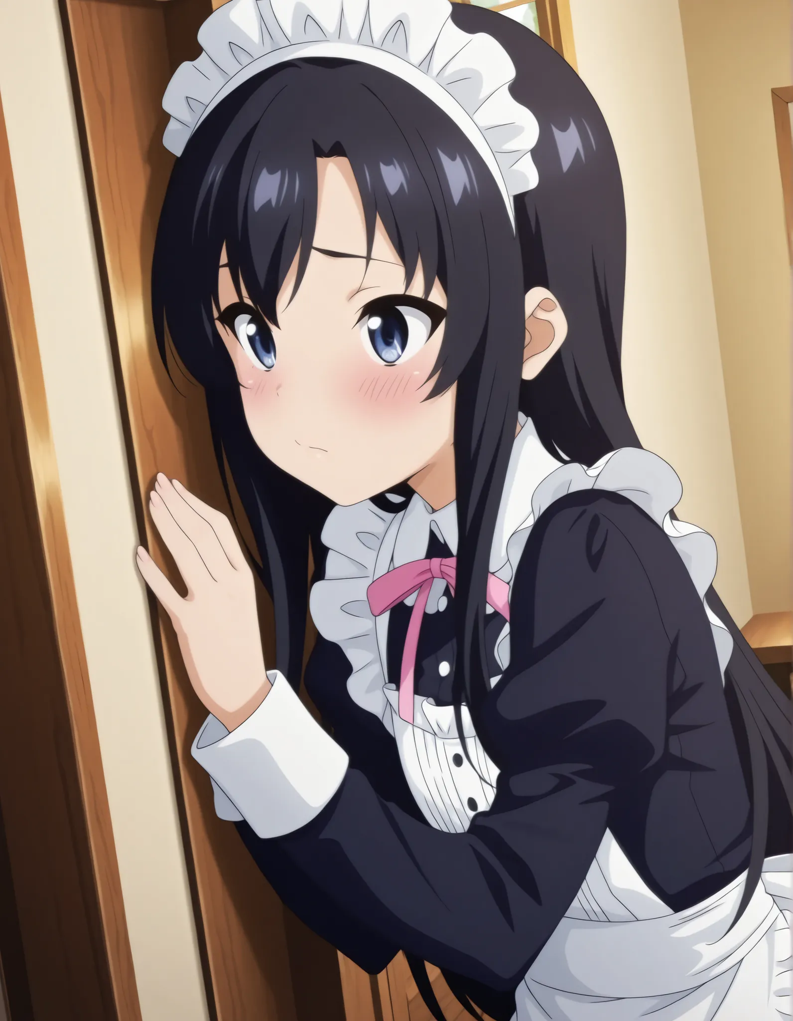 "ultra-detailed, best quality, beautiful eyes, extremely detailed, best quality, beautiful, Master piece, highres, best quality, official art, highres, masterpiece, newest",, solo, 1girl, saeinagaki, long hair, blue eyes, embarrased, blush",, "maid cafe, B...