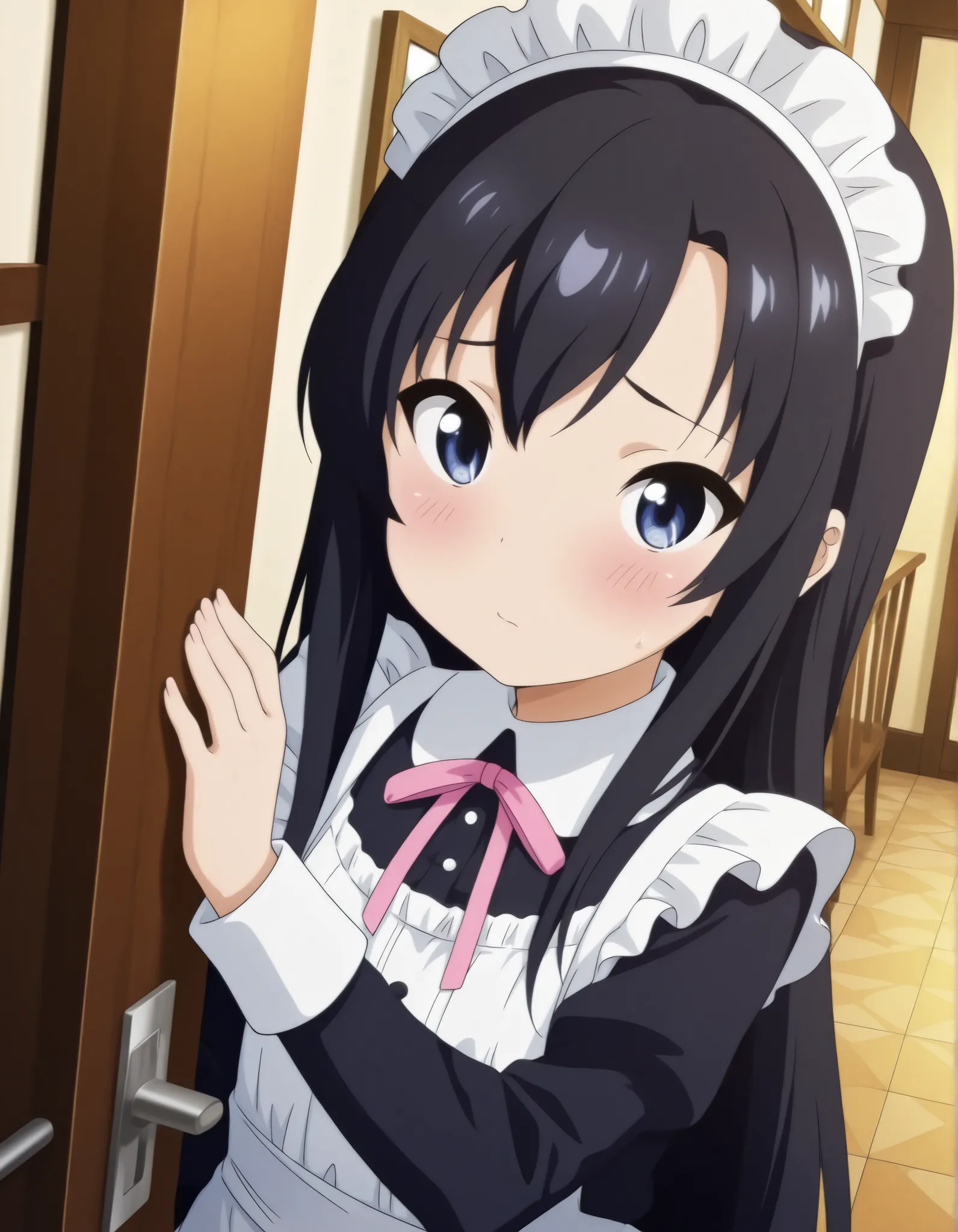 "ultra-detailed, best quality, beautiful eyes, extremely detailed, best quality, beautiful, Master piece, highres, best quality, official art, highres, masterpiece, newest",, solo, 1girl, saeinagaki, long hair, blue eyes, embarrased, blush",, "maid cafe, B...