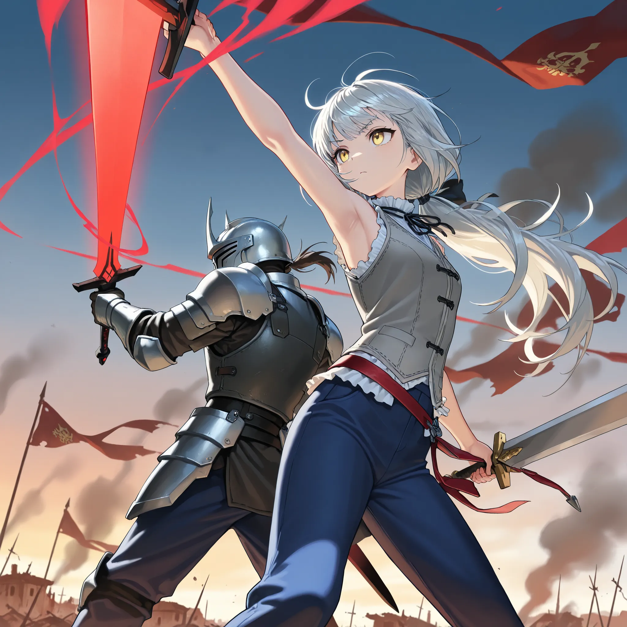 (Masterpiece, best quality), intricate details, JK, highly detailed, intricate details, 1boy, 1girl, back to back, action pose, dynamic angle, character: messy hair, yellow eyes, upper body, long hair, gray hair, low ponytail, light skin, yellow eyes, gr...
