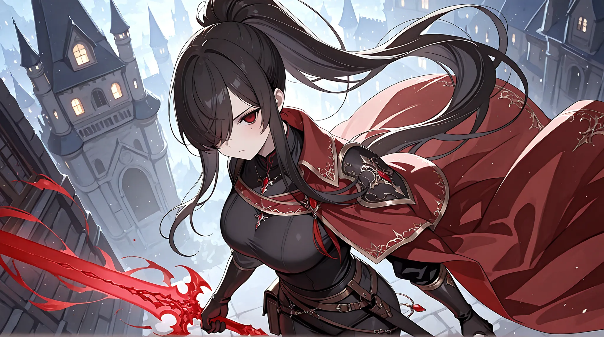 1girl, Kuroki Monika, mole on left cheek, red eyes, hair over right eye, black hair, very long hair, ponytail, large breasts, from above, from side, foreshortening, black gloves, Male Fantasy Clothes, cape on shoulder, red cape, black shirt, black pants, c...