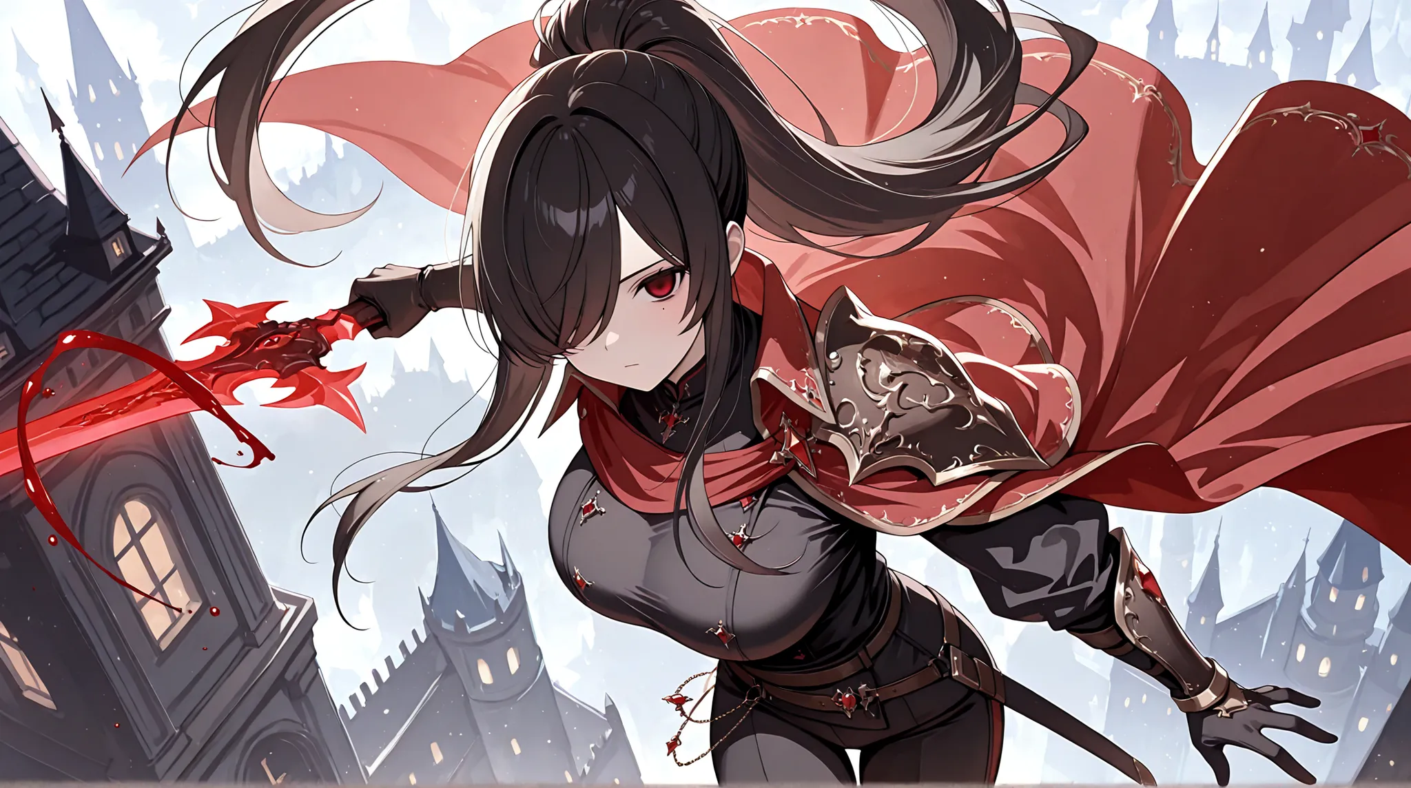 1girl, Kuroki Monika, mole on left cheek, red eyes, hair over right eye, black hair, very long hair, ponytail, large breasts, from above, from side, foreshortening, black gloves, Male Fantasy Clothes, cape on shoulder, red cape, black shirt, black pants, c...