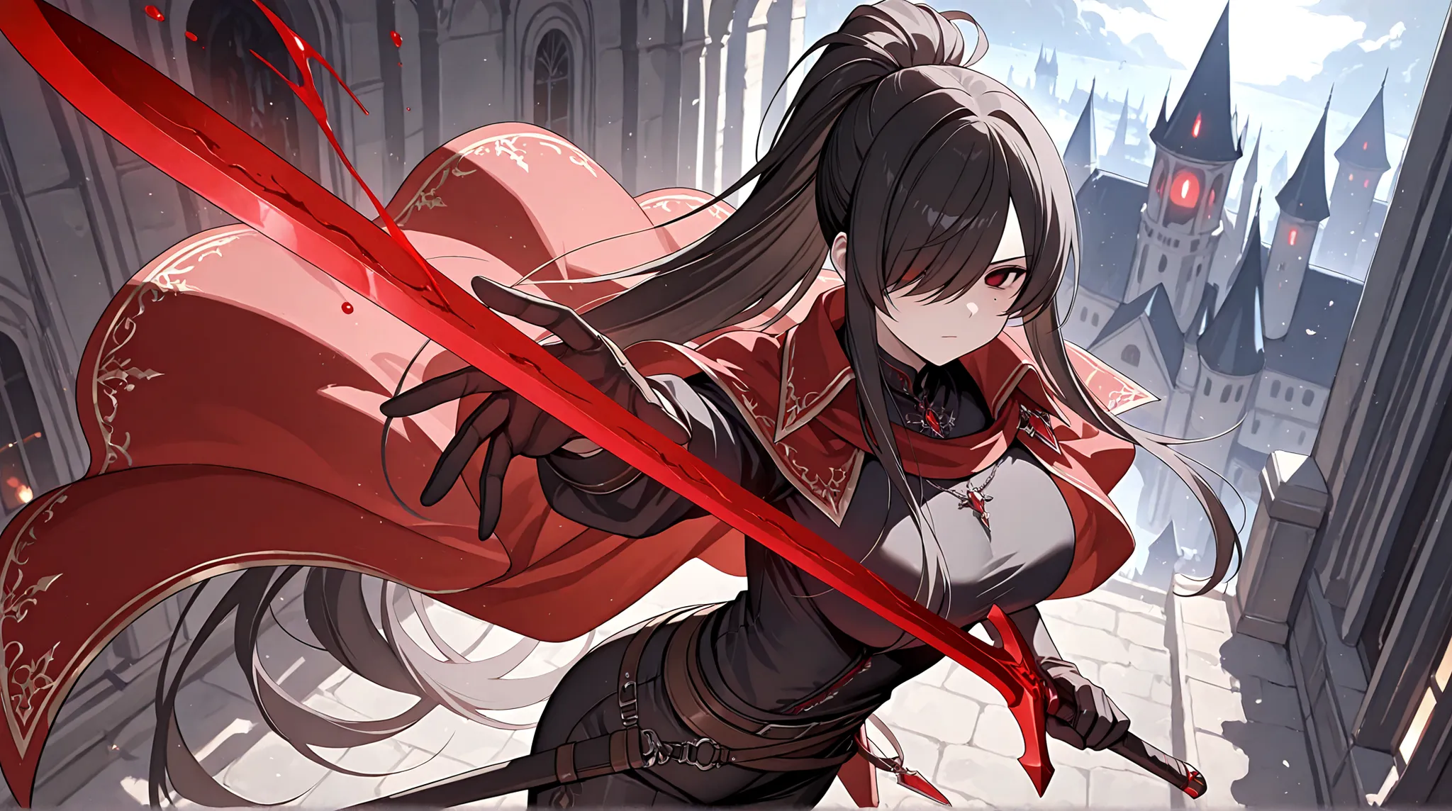 1girl, Kuroki Monika, mole on left cheek, red eyes, hair over right eye, black hair, very long hair, ponytail, large breasts, from above, from side, foreshortening, black gloves, Male Fantasy Clothes, cape on shoulder, red cape, black shirt, black pants, c...