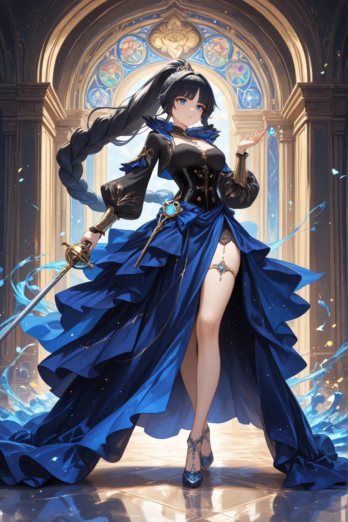 best qualityer,full body, tmasterpiece,Ultimate resolution,downy,Extremely colorful,Colorful,Royal, woman, blue eyes, Blue-black flowing skirt that’s open in front, flows in back. black corset, black top, azure, long braided navy/dark hair, High ponytail),...