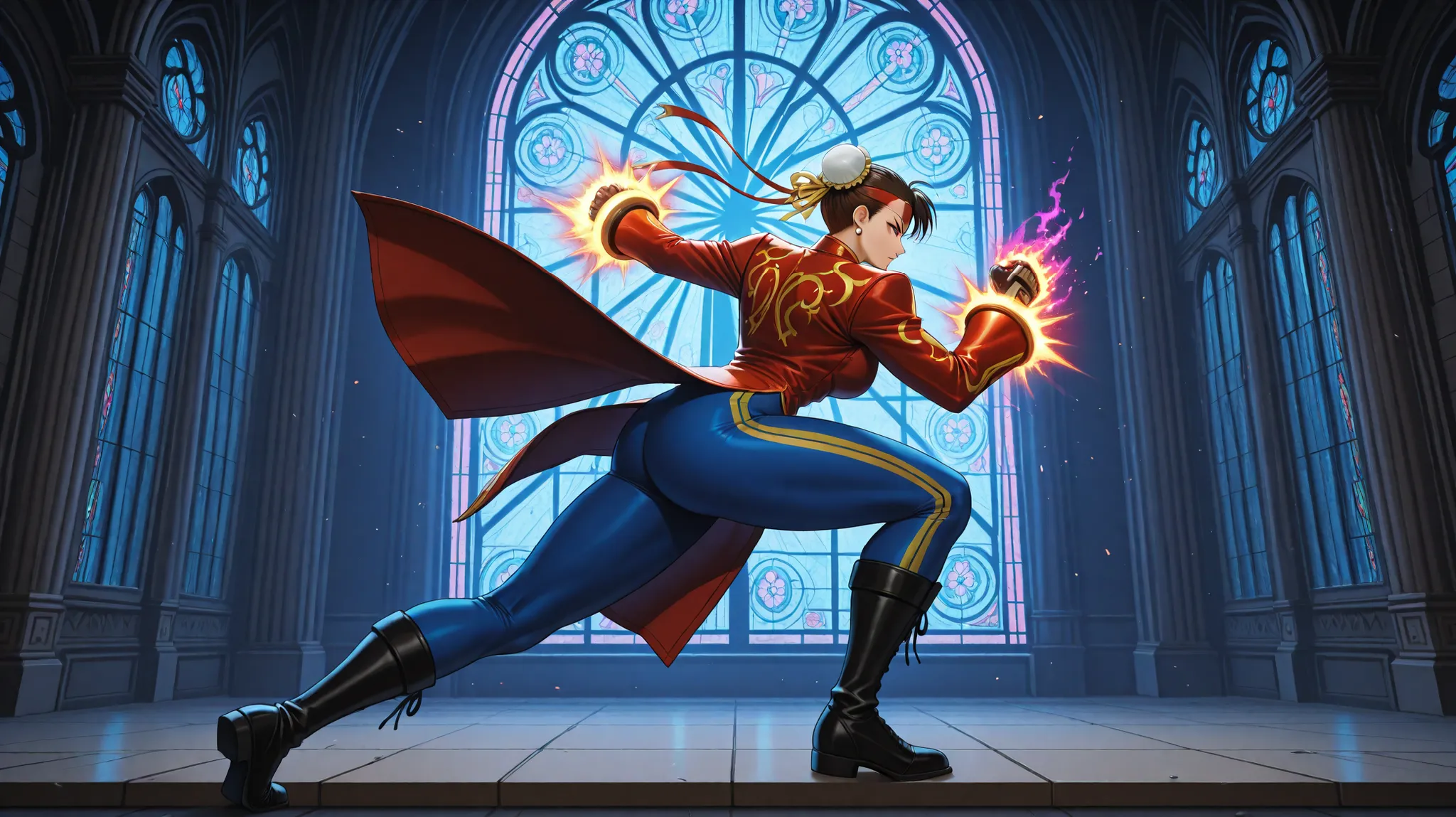Anime-style action scene inside a gothic cathedral with glowing stained glass windows. Two fighters are clashing in dramatic mid-motion. On the right side: a muscular young man with spiky brown hair and a red headband (Kyo Kusanagi style), leaping forward ...