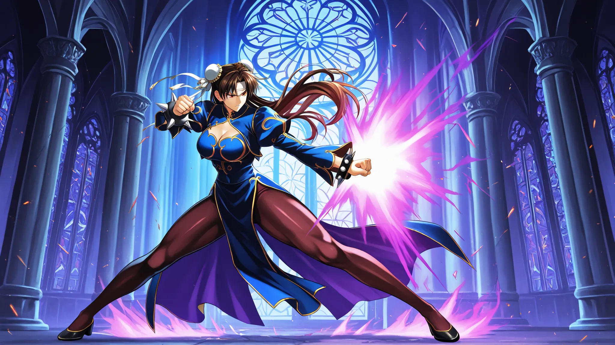 Kyo Kusanagi and Chun-Li in a dramatic anime battle scene, positioned like Morrigan and Sol in a gothic cathedral with glowing stained-glass windows behind them. Kyo is on the right, mid-leap, fist ignited with flames, his long jacket flaring behind him, i...