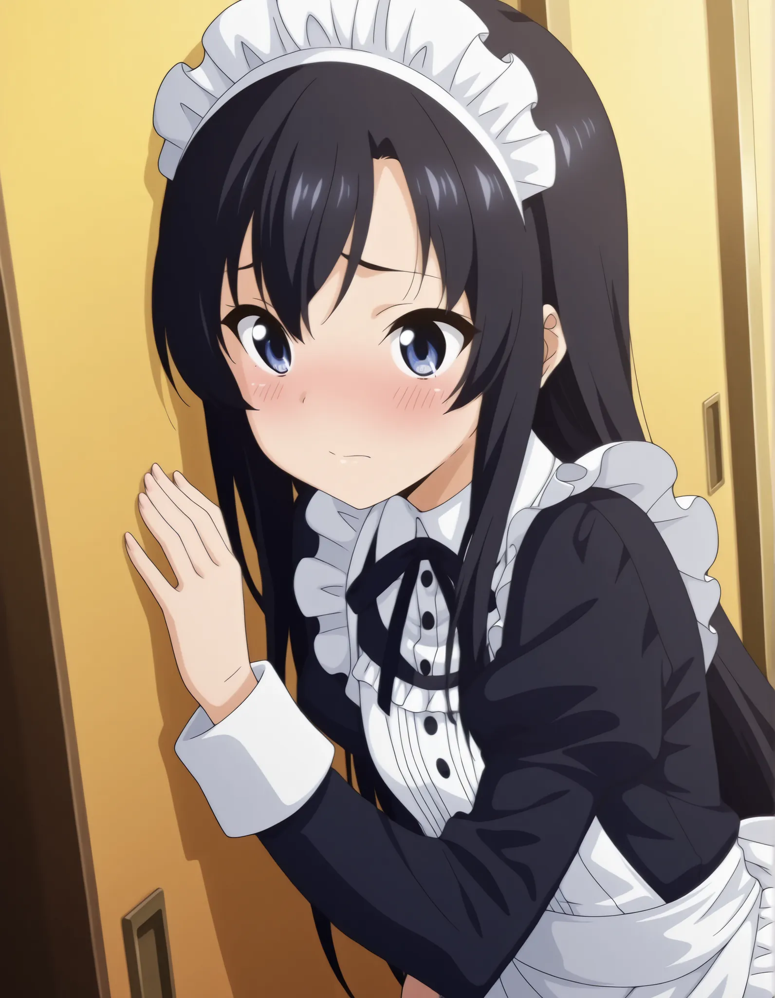 "ultra-detailed, best quality, beautiful eyes, extremely detailed, best quality, beautiful, Master piece, highres, best quality, official art, highres, masterpiece, newest",, solo, 1girl, saeinagaki, long hair, blue eyes, embarrased, blush",, "maid cafe, B...
