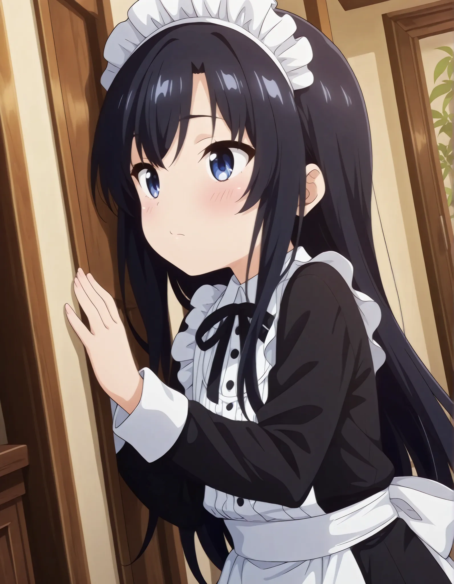 "ultra-detailed, best quality, beautiful eyes, extremely detailed, best quality, beautiful, Master piece, highres, best quality, official art, highres, masterpiece, newest",, solo, 1girl, saeinagaki, long hair, blue eyes, embarrased, blush",, "maid cafe, B...