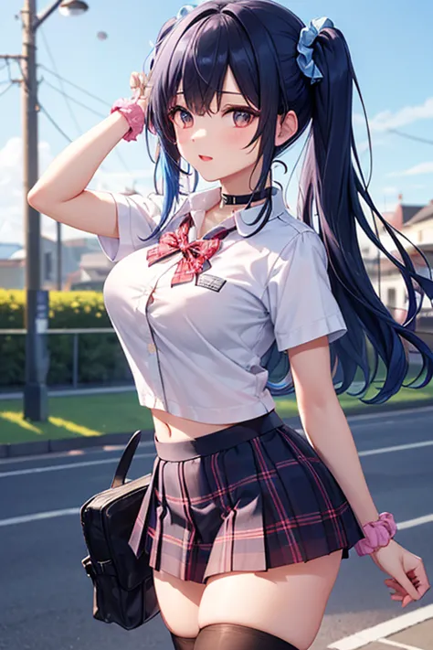1 girl on break day、(masterpiece、Highest Quality、Best Picture Quality、8k、anatomical structure)、wallpaper、perfect body、(blue hair、long hair)、straight hair、bungs、studio lighting、 soft shadows、、Super Details、dark pink gloss lips visible on the track and field ground、 high chroma、High Clarity 、beautiful eyes on my stomach、beautiful skin、Textured Skin、uniform((white shirt、Short sleeve、Red Bow Tie、blue plaid pleated skirt、micro miniskirt、Black Thigh Socks、loafers 、blue scrunchies on wrists、black choker with dark eyes))、(Standing with Wide Legs:1.4)、holding a pistol、has a handgun,I'm looking here、Big Breasts、pink gloss lips、outdoor、Schoolyard、Daytime sky、Cheek、spoken heart mark、Glowing Handgun、fire in the background、Swaying Hair、focus on the face、cowboy shooting、Slightly from the side、Glowing Wrist Scrunchies、handgun、They&#39;re pointing their guns at me.、pink rings on thighs、trading card border