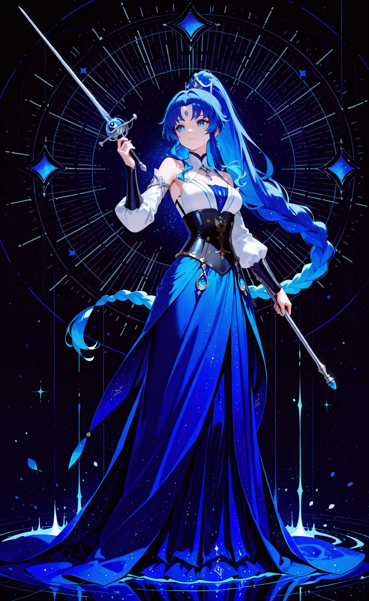 best qualityer,fully body, tmasterpiece,Ultimate resolution,downy,Extremely colorful,Colorful,Royal, woman, blue eyes, Blue-black flowing skirt, black corset, azure, long braided navy hair, High ponytail),holding navy/silver rapier embedded with blue gems,...