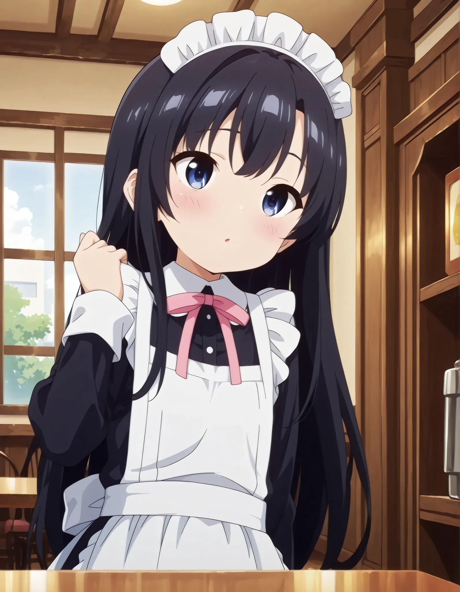 "ultra-detailed, best quality, beautiful eyes, extremely detailed, best quality, beautiful, Master piece, highres, best quality, official art, highres, masterpiece, newest",, solo, 1girl, saeinagaki, long hair, blue eyes, embarrased, blush",, "maid cafe, B...