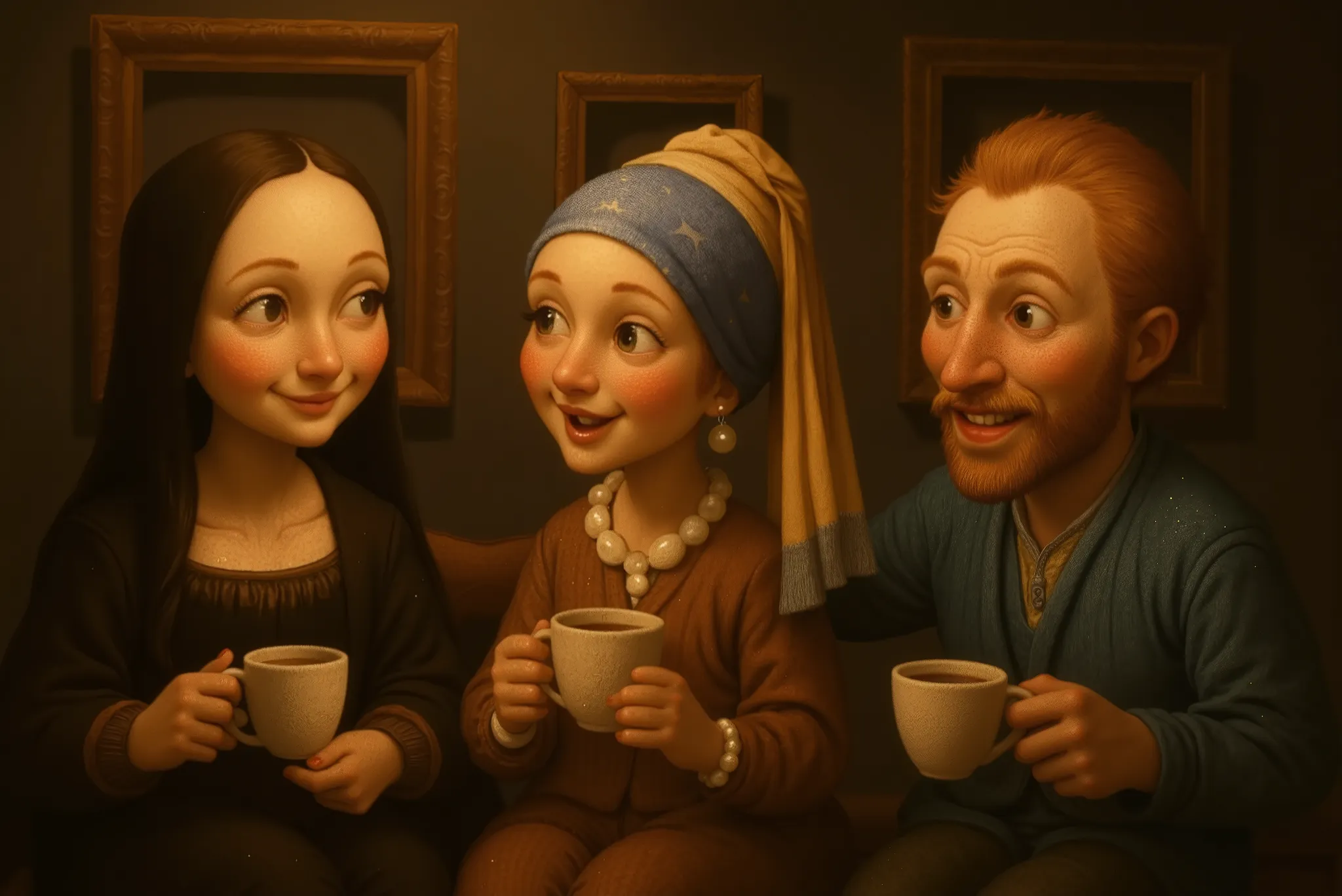 whimsical illustration of Mona Lisa, Girl with a Pearl Earring, and Van Gogh self-portrait as living characters sitting together drinking coffee in a museum after hours, relaxed casual poses, friendly conversation, warm museum lighting, empty picture frame...