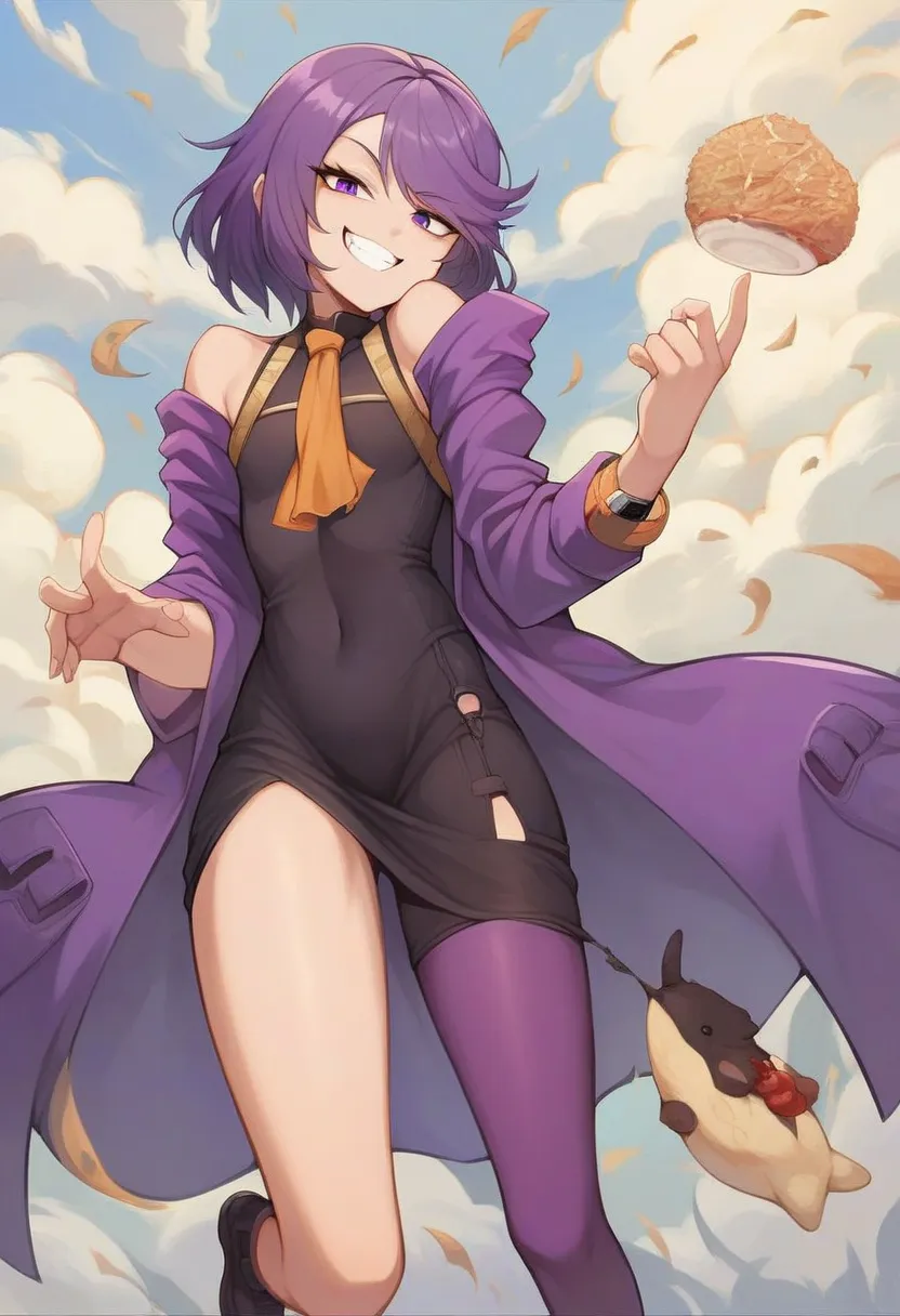 masterpiece, Absard Dress, high definition, 1 girl, CT_L4 plus  , Flat chest, Metal Color,  purple coat on the right hand, yellow ascot,  sleeves that extend to fingertips , single thigh high, purple knee socks, day, written depth, watch viewers,  rice,  smug , Skin teeth , indoor, AI