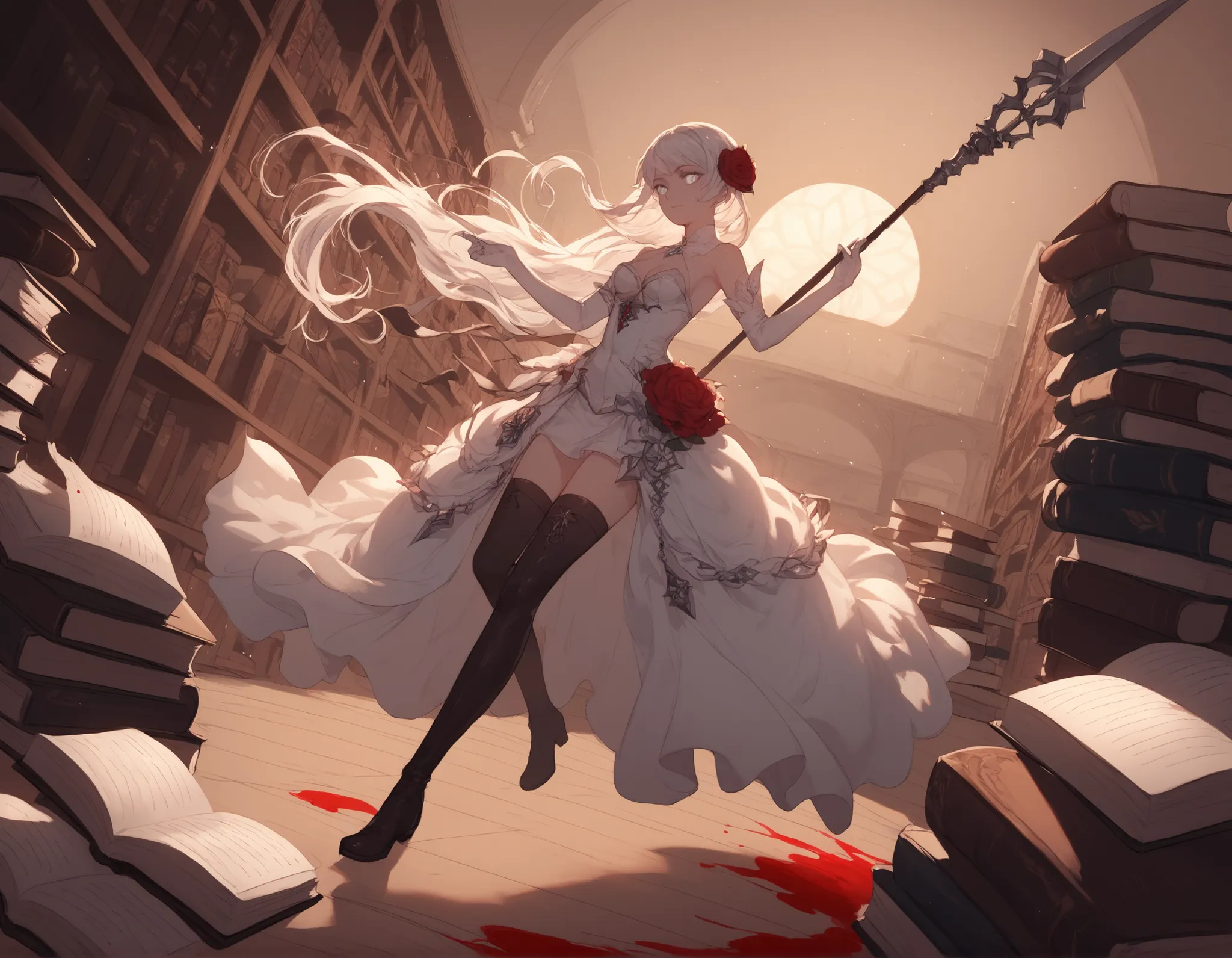 sinoalice style, white eyes, white hair, small breast, white dress, skirt, thighhighs, cleavage, flower, elbow gloves, white gloves, black boots, standing among stacks of books and looking off to the horizon, a blood stained sword laying on the ground next...