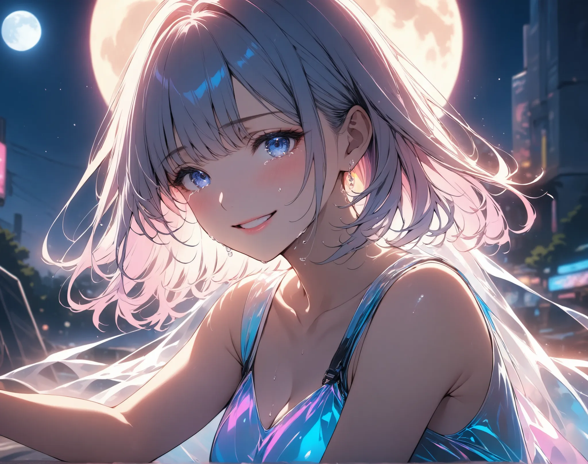 ( top quality,4K,8k, High Definition , masterpiece :1.2),Slightly realistic anime style。
smile、crying laughing、Outdoors、 full moon、Running down my cheek、A Few Tears