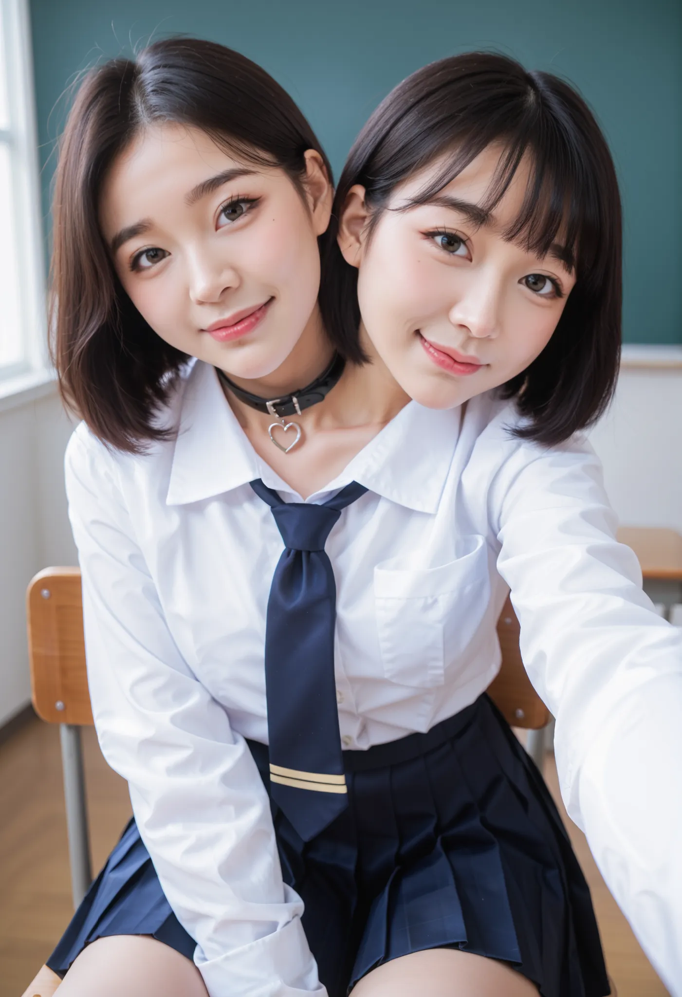 half-body shot, photorealistic, best resolution,korean woman with two heads, 2girls, different faces, heart-shaped face, rectangular face, round chin, sharp chin, button nose, straight nose, blonde hair, black hair, different hairlengths, long hair, shor...