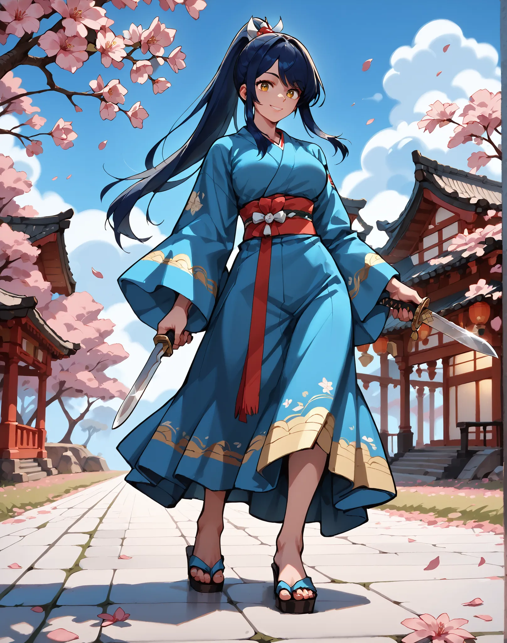 A beautiful young Japanese woman is splitting her hair horizontally、long hair、cherry blossom、 blue kimono、dark dark blue hair、split horizontally、Look,Big Breasts,golden eyes,charming smile, Ponytail、 Japanese sword、Silver Blade、White barrette、blue sky、Hold...