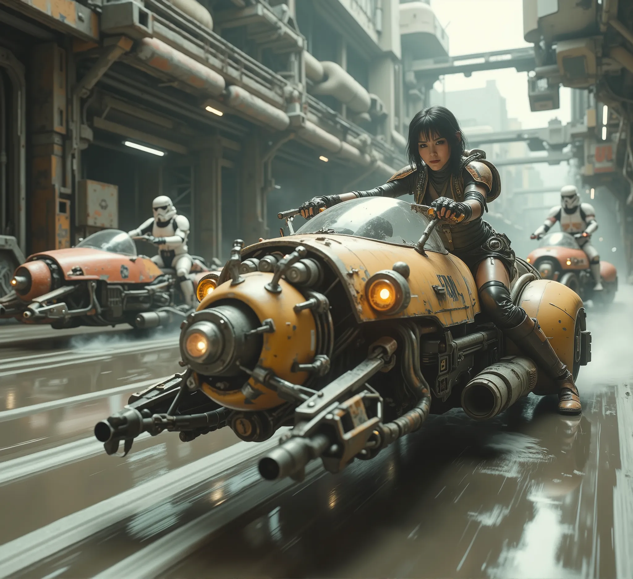 cinematographic photography using the rule of thirds and composition on planes Side photo full body shot counterposed, soft light, unmarked contrasts, a retrofuturistic motorcycle (Speeder bike) Flying ( bike) inspired by motorcycles with low frame and hu...