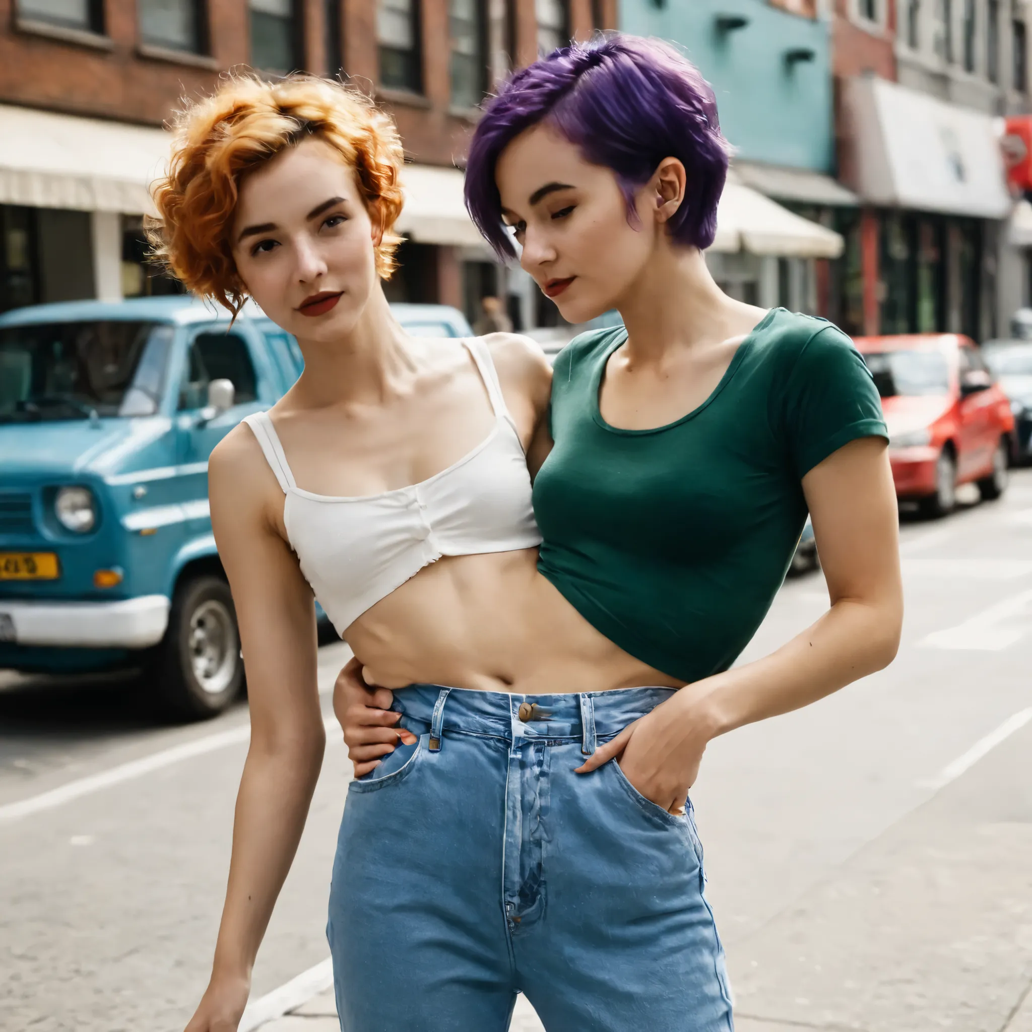(two torsos:1.3), 2girls, holding waist, female couple, 8, conjoined, leaning, holding waist, hipsters, pixie hair, casual clothes, on the street