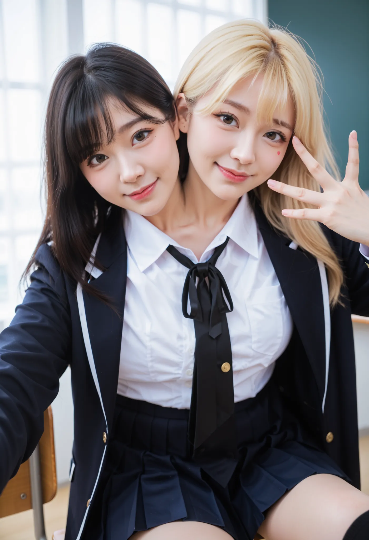 half-body shot, photorealistic, best resolution,korean woman with two heads, 2girls, different faces, heart-shaped face, rectangular face, button nose, straight nose, blonde hair, black hair, different hair lengths, long hair, short hair, , korean school...