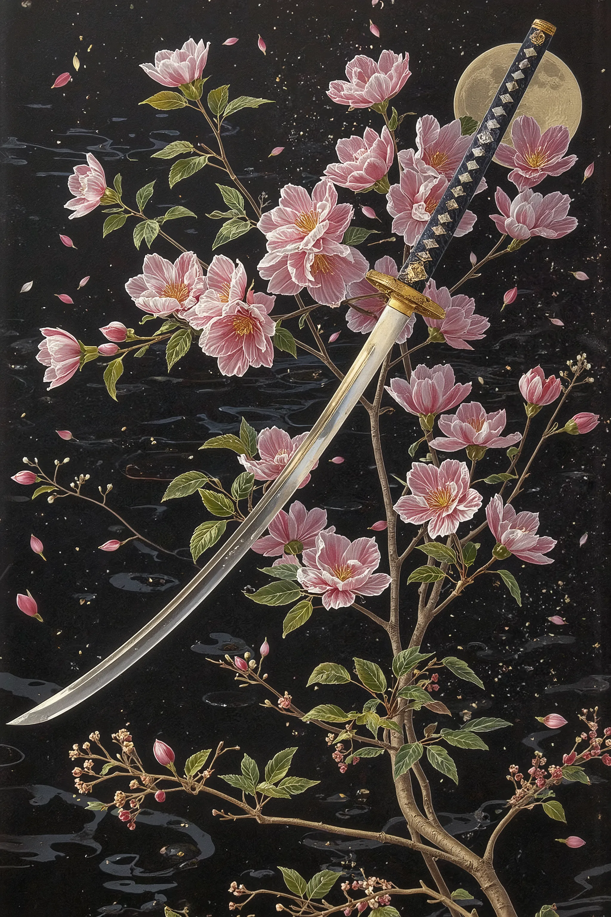 japanese katana,Ōdachi,Meticulously crafted to capture every nuance and intricate detail with incredible clarity,Exquisite craftsmanship,Gently curved blade,powerful yet beautiful blade,reflecting moonlight,reflected on the water surface,Made of obsidian,k...