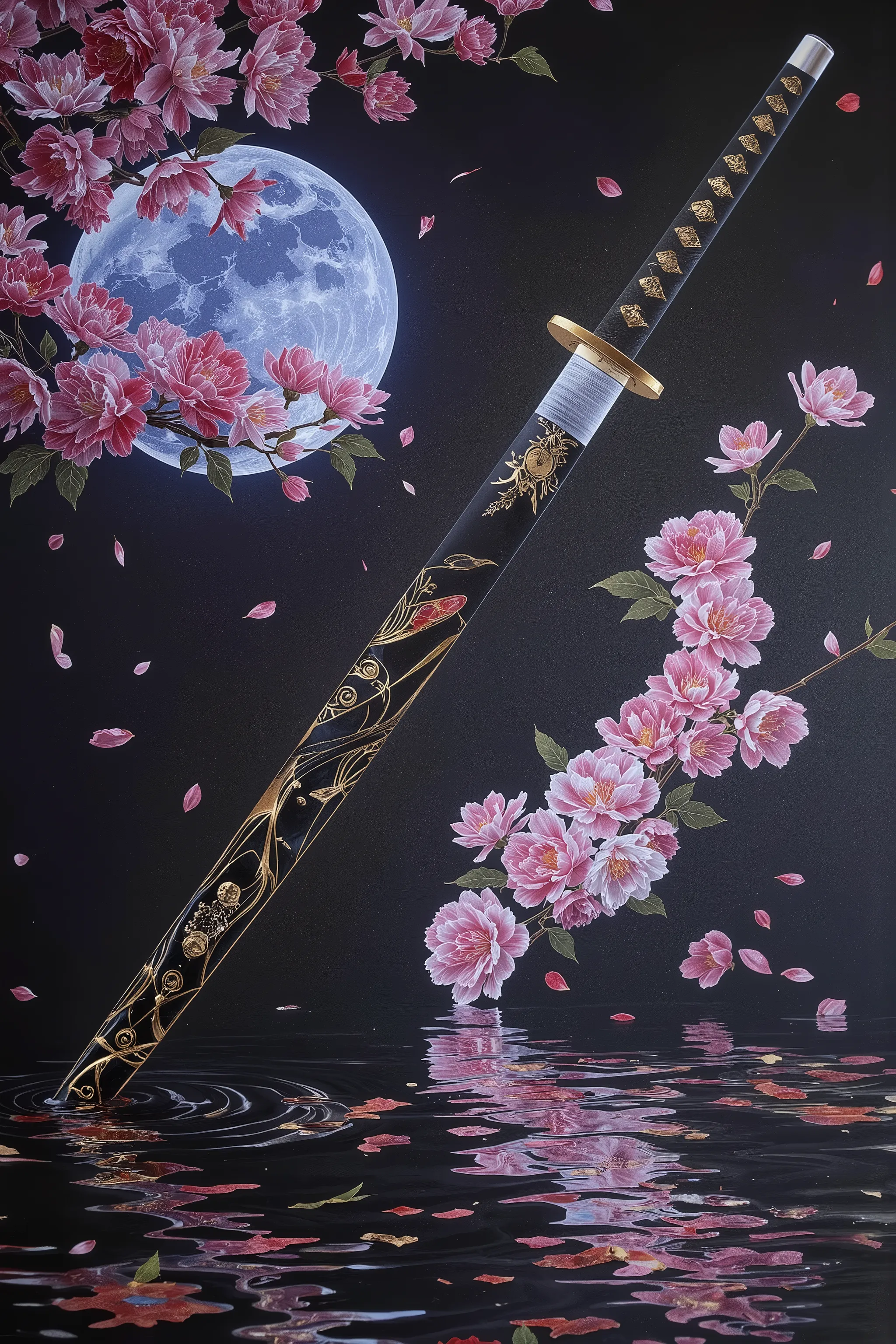 japanese katana,Ōdachi,Meticulously crafted to capture every nuance and intricate detail with incredible clarity,Exquisite craftsmanship,Gently curved blade,powerful yet beautiful blade,reflecting moonlight,reflected on the water surface,Made of obsidian,k...
