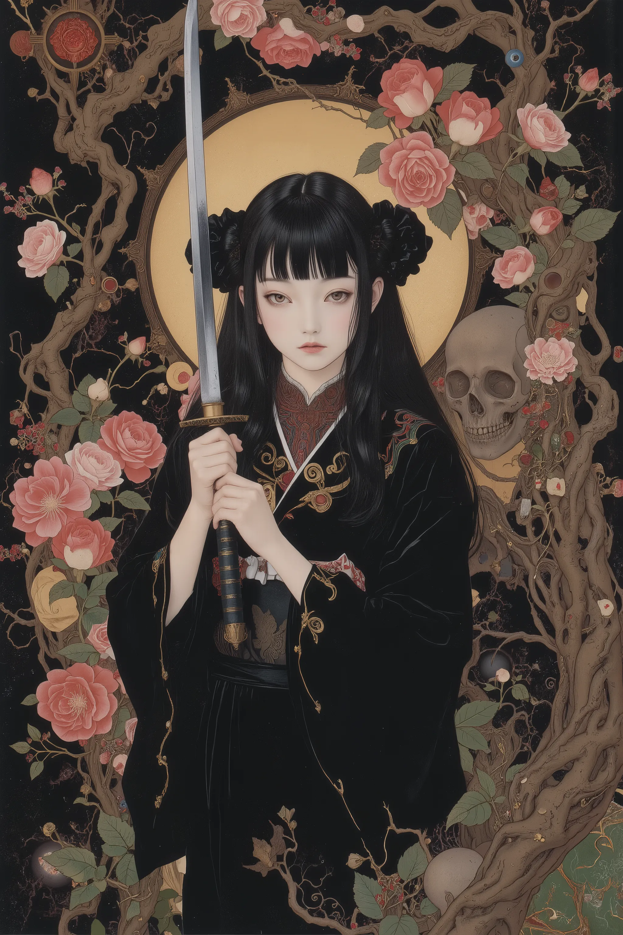 designed japanese katana,beautiful blade,reflecting moonlight,1 girl holding japanese katana,beautiful yet grotesque at the same time,ecstatic,black kimono,The fusion of the sacred and the evil,decorated sakura are blooming、Beautiful, granular, plant, vess...