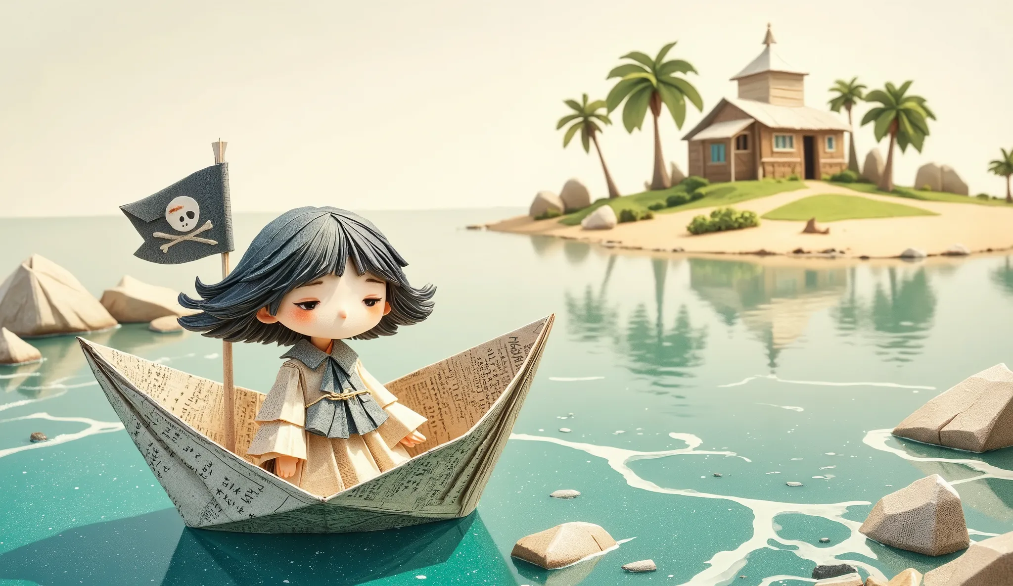 whimsical art style, illustration, a girl in a paper boat (origami style), made of newspaper pages, on the boat there is a pirate flag, the boat is on the sea heading towards an island, illustration, whimsical art style, fun image.