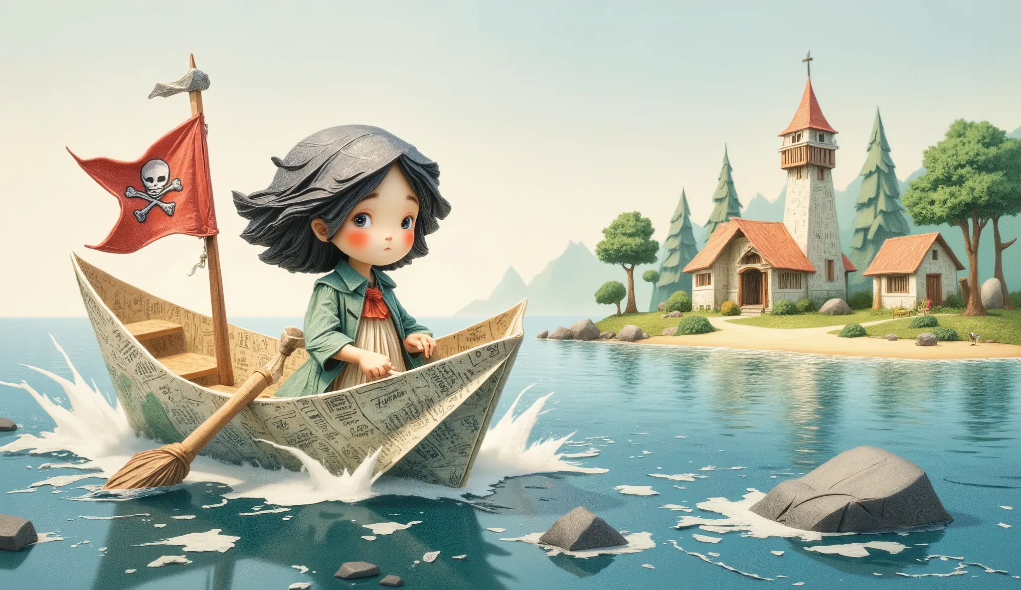whimsical art style, illustration, a girl in a paper boat (origami style), made of newspaper pages, on the boat there is a pirate flag, the boat is on the sea heading towards an island, illustration, whimsical art style, fun image.