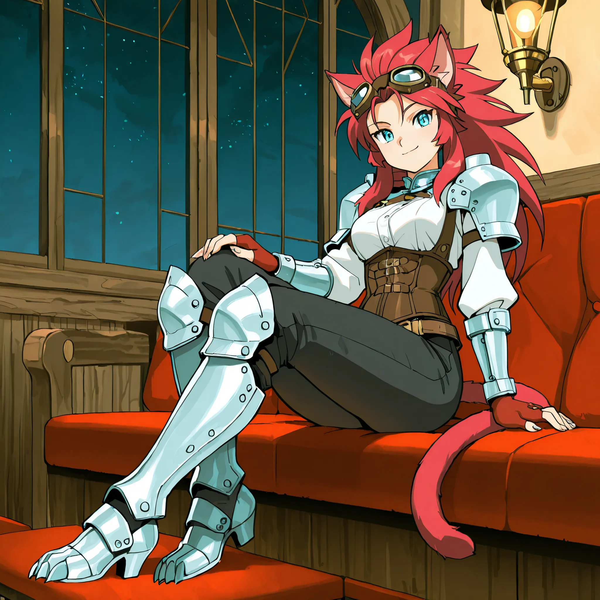 best quality, masterpiece, 2d, intricate details, anime, anime style, full body picture, catgirl, 1girl, red hair, spiked hair, blue eyes, enchanting eyes, wild hair, long hair, small smile, animal ears, red ears, red cat tail, cat ears, thighs, red hands,...