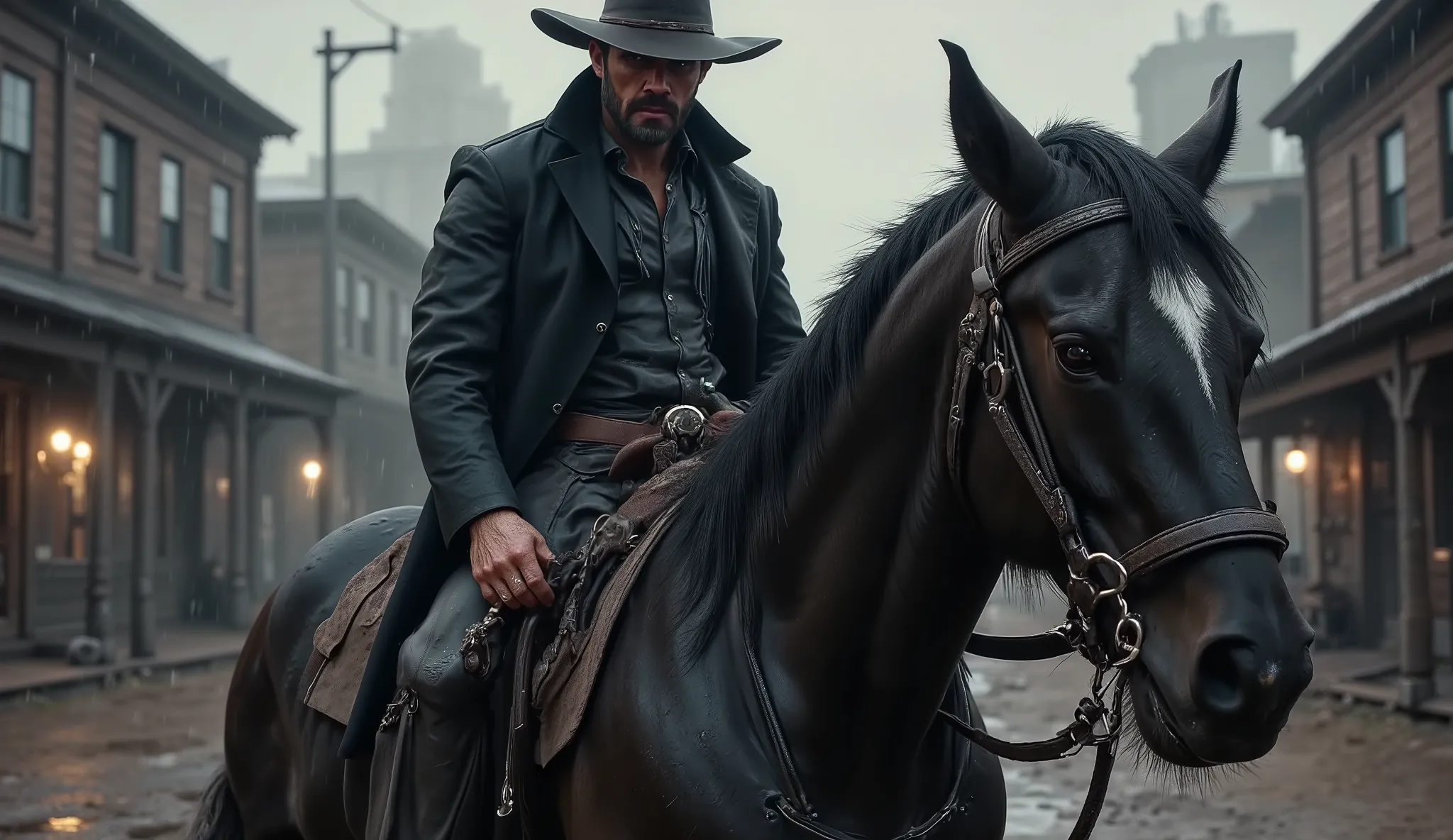hyper-realistic cinematic in 16:9 aspect ratio: ((a burly cowboy astride his black horse)) Close-up, riding slowly through a deserted old western town in heavy rain. The camera captures an intense close-up focused on the cowboy's upper body and face, his s...