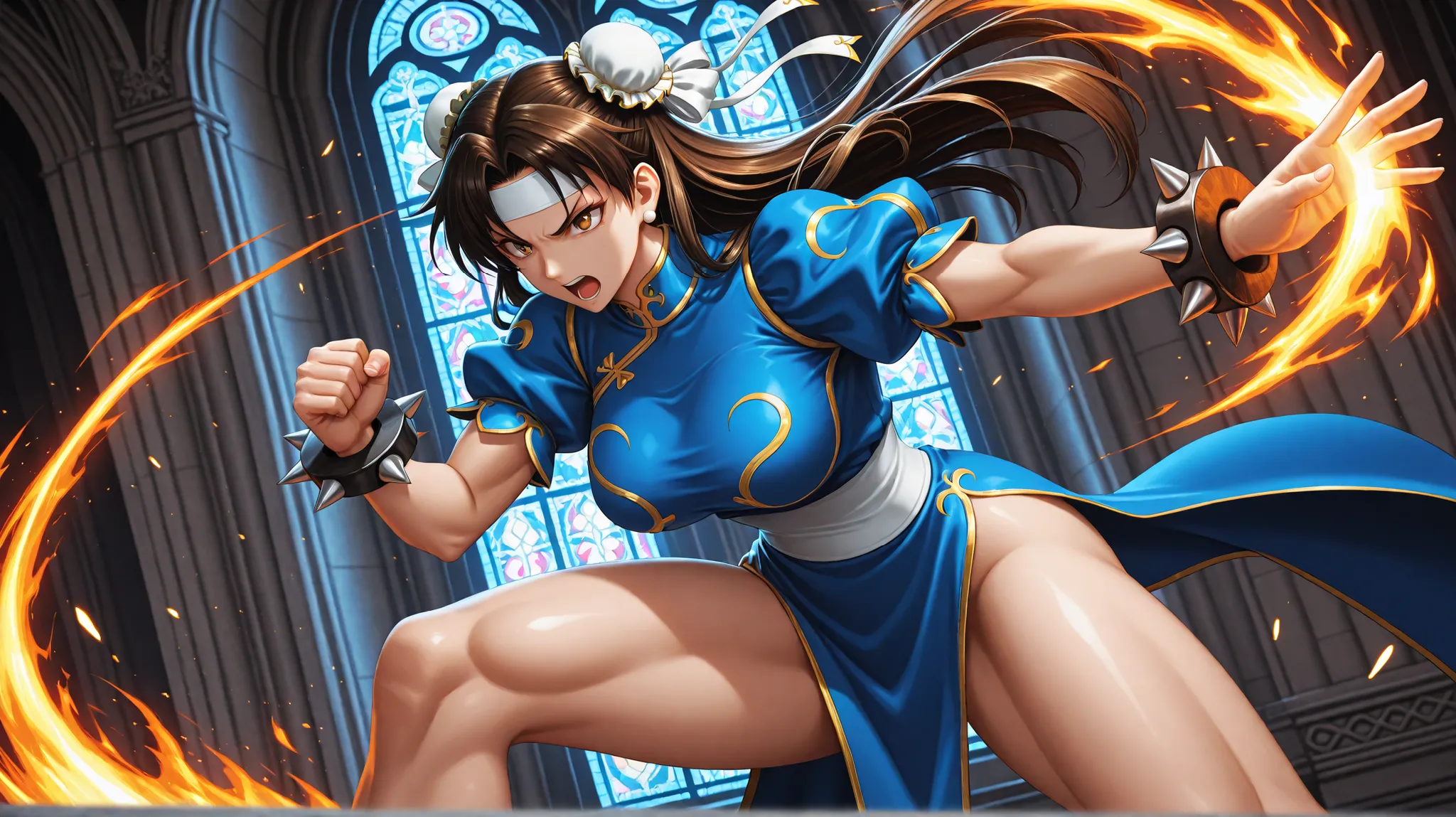 Kyo Kusanagi and Chun-Li in a dramatic anime battle scene, positioned like Morrigan and Sol in a gothic cathedral with glowing stained-glass windows behind them. Kyo is on the right, mid-leap, fist ignited with flames, his long jacket flaring behind him, i...