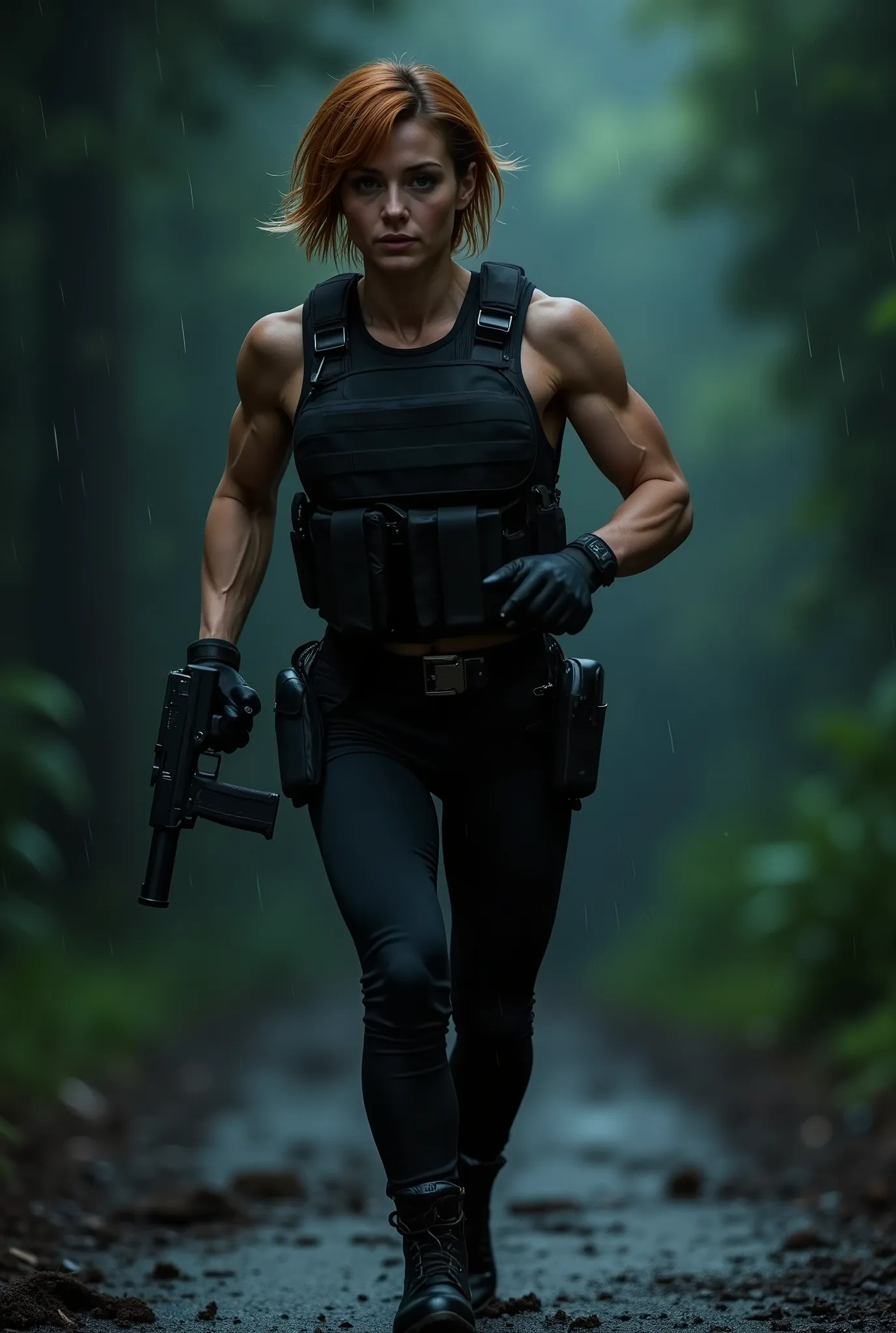 (wide shot:1.5), (full body view:1.9), A stunning skinny fashion model running in full black military gear, utility belt, handgun holster, she is running hunched over while carrying a Glock-19 handgun, She has wet short shoulder length ginger hair. (wet ha...