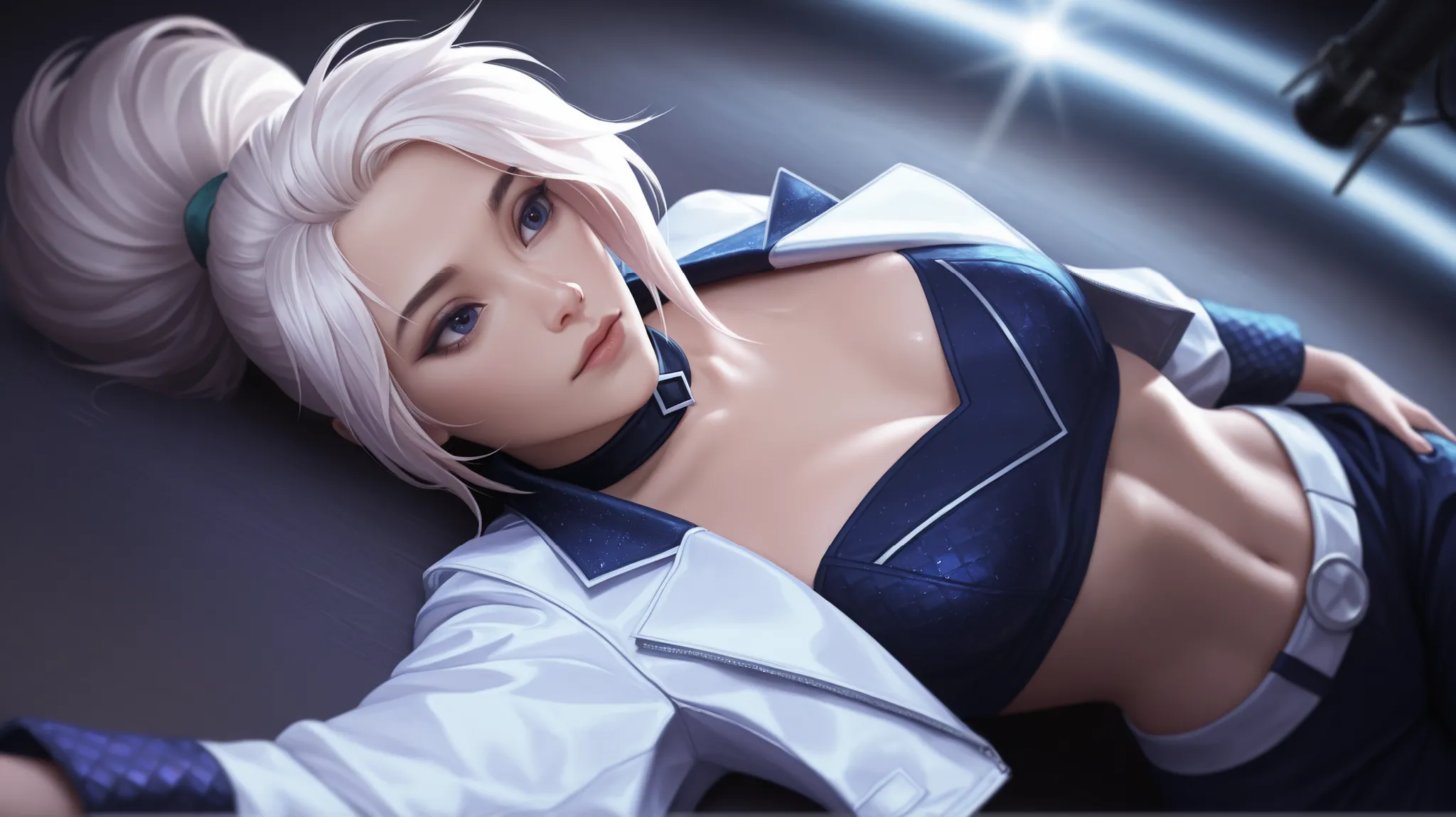 Akali from League of legends, Physically-based Rendering, professional, ultra-fine painting, extremely detailed description, detailed face and eyes, Realistic, unreal engine, digital art painting, hyper-realistic,(K-Pop idol stylish clothes uniform),(white...