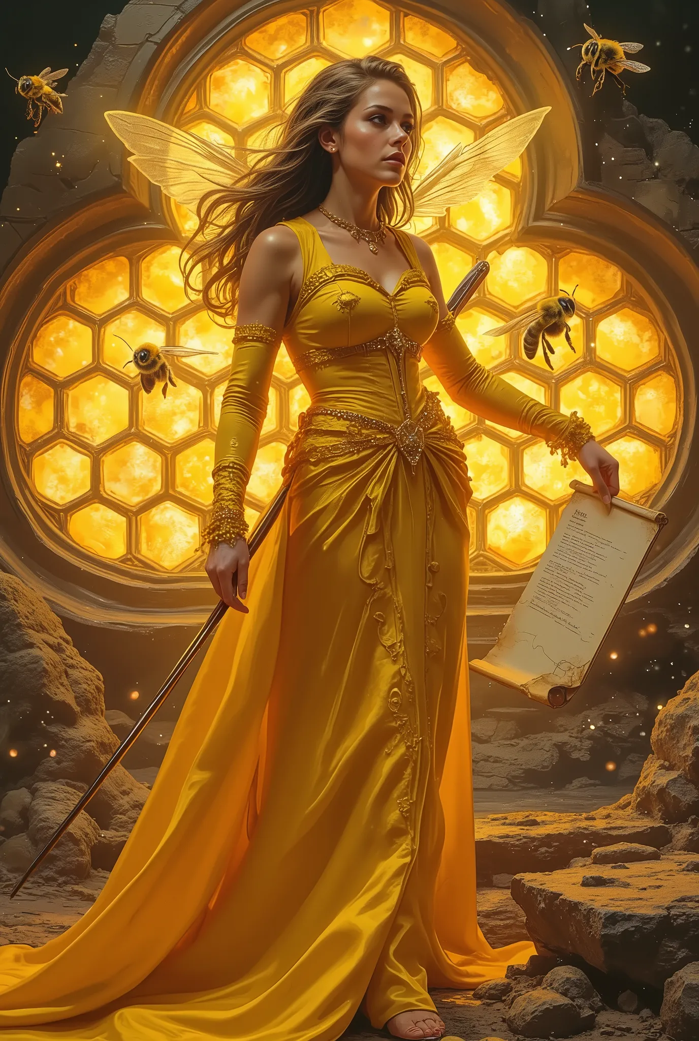 (masterpiece,top quality,best quality,official art,beautiful and aesthetic:1.2),honeytech,,girl,,honey,scifi, scholar , scroll, 1girl,long hair, , ,hive,(hexagon:1.2), huge Bee in background,staple,(transparency:1.2),backlighting,(wing:1.2),swarm of bees, ...