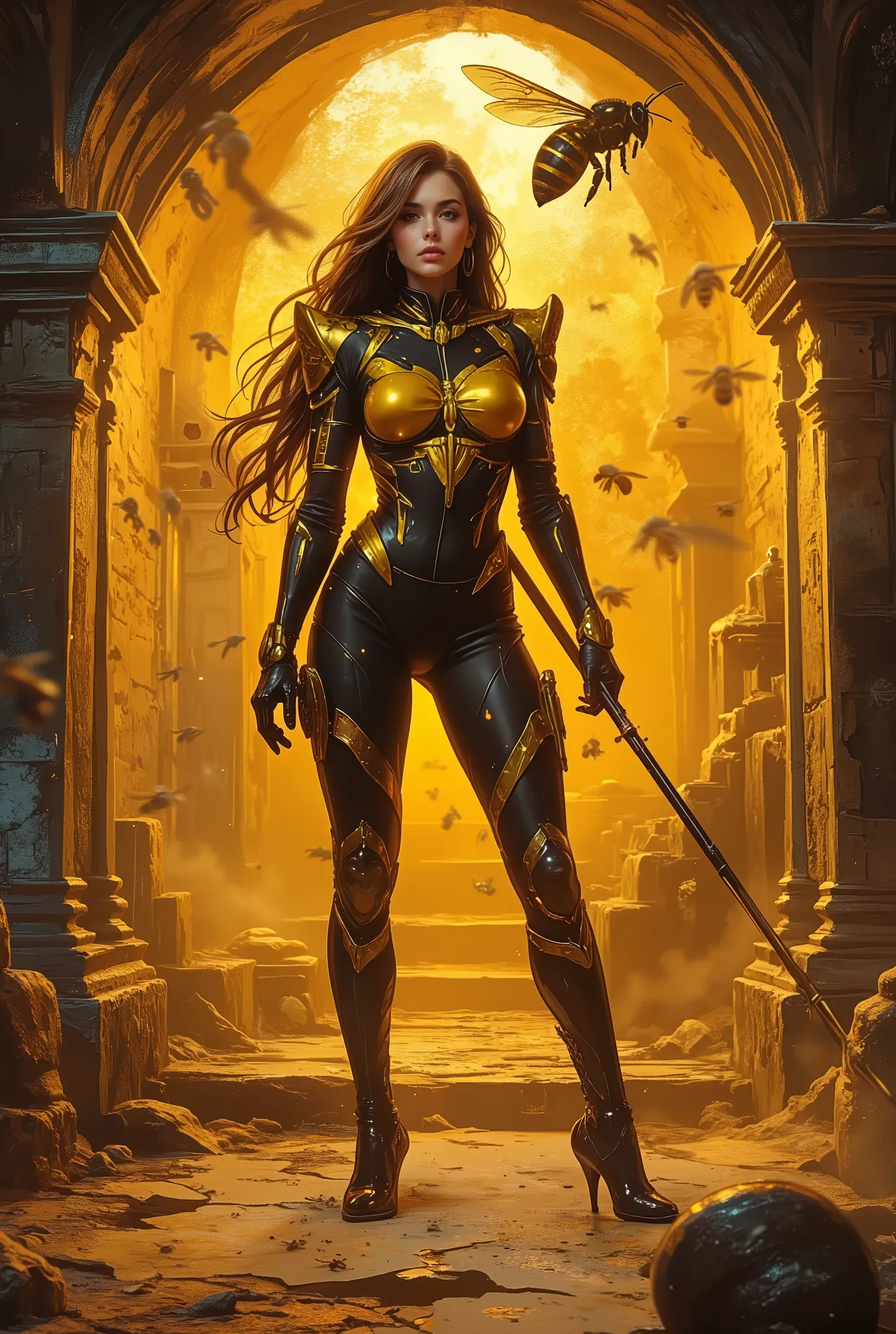 (masterpiece,top quality,best quality,official art,beautiful and aesthetic:1.2),honeytech,,girl,,honey,scifi, scholar , scroll, 1girl,long hair, , ,hive,(hexagon:1.2), huge Bee in background,staple,(transparency:1.2),backlighting,(wing:1.2),swarm of bees, ...