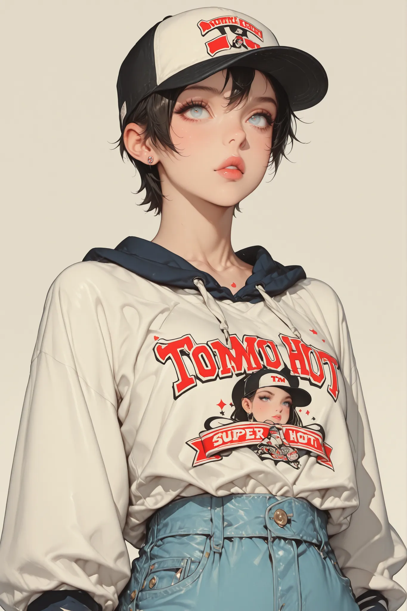 waist up beauty shape super cute hot realist tomboy, big , cap backwards